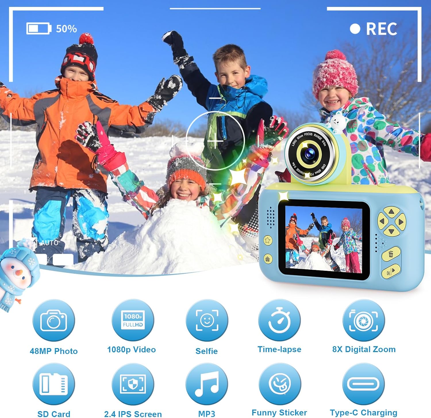 Makolle Camera for Kids, Portable Travel Camera for Childrens Age 3-8, Blue | Flip Up Lens, Drop Proof, With Tripod, Long Battery Life, SD Card Included, Birthday Gifts for Boys and Girls Age 3-12