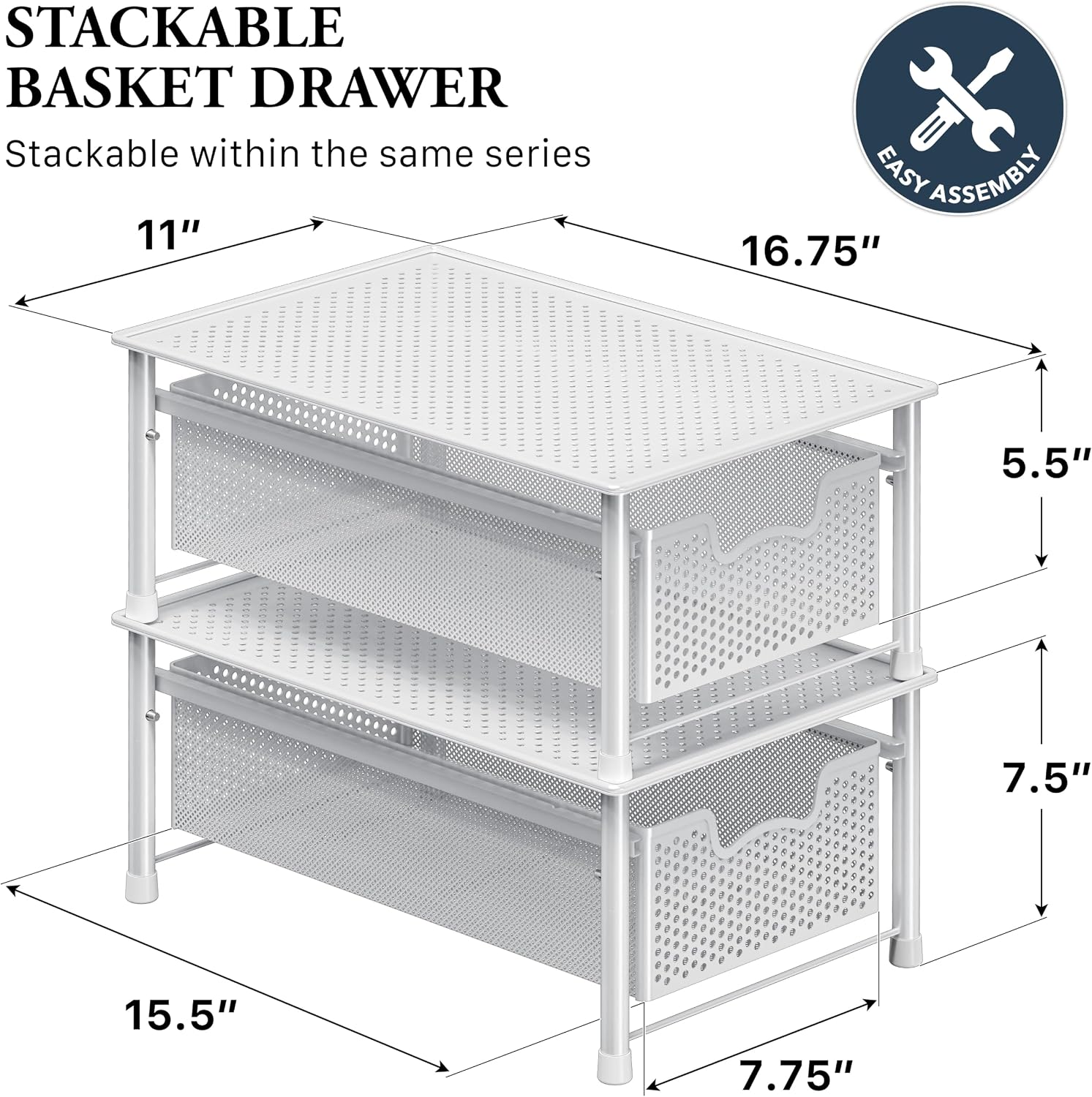 Simple Houseware Stackable 3 Tier Sliding Basket Organizer Drawer, Silver