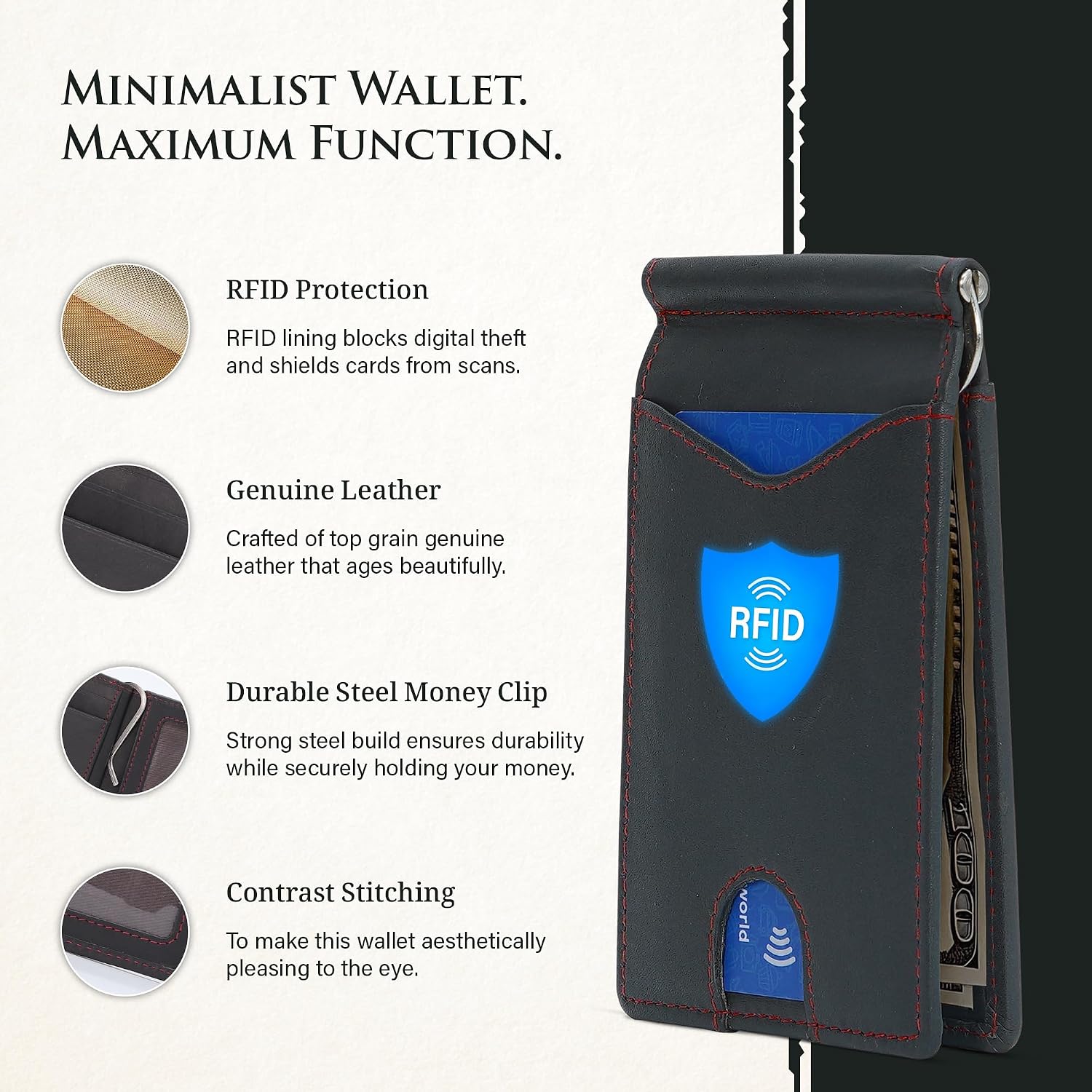 Genuine Bison Leather Wallet for Men, RFID Slim, Brown | Genuine bison leather wallet for men with RFID blocking and curved front pocket fit. Rugged slim everyday carry, brown.