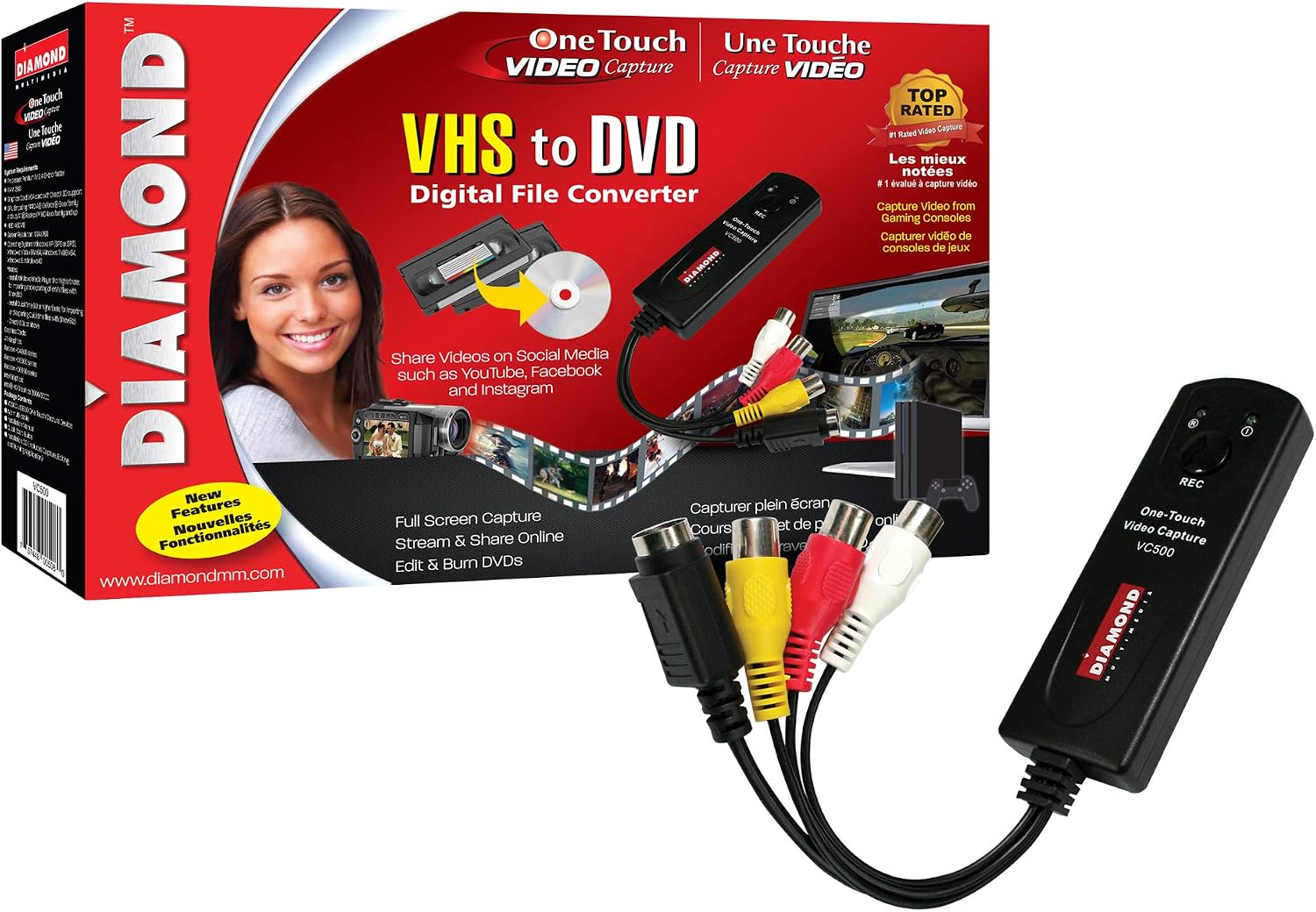 Diamond Multimedia VC500 One Touch VHS to Digital Converter – Capture & Convert VHS to Digital Files or DVD, Easy-to-Use Software, Windows 11,10 & Mac Compatible