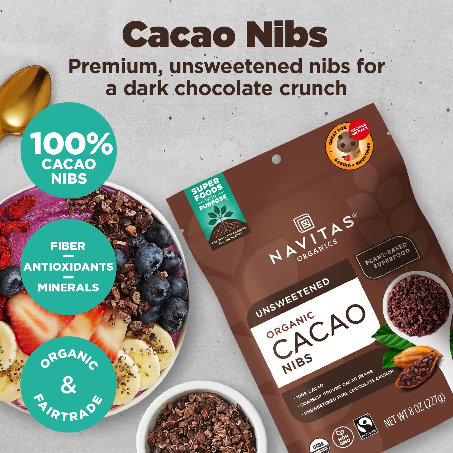 Navitas Organics Cacao Nibs – Unsweetened Dark Chocolate Crunch – Antioxidants, Minerals, Fiber – For Trail Mix, Baking & More – USDA Organic, Fairtrade, Non GMO, Gluten Free, Non-alkalized (8oz. Bag 76 Servings)