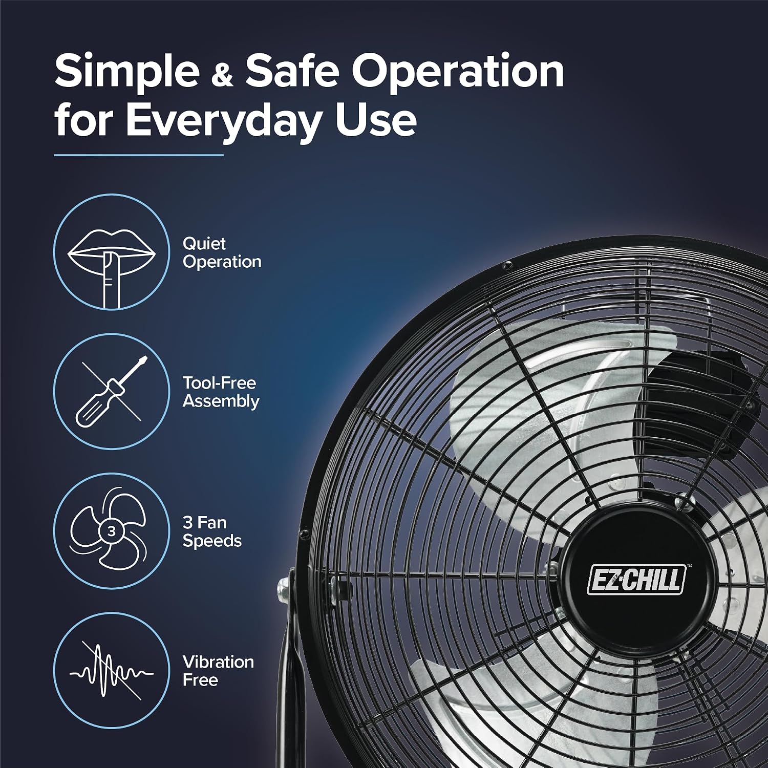 EZ-CHILL 12” Cradle Floor Fan, 3 Speed, High Velocity, 180 Degree Adjustable Tilt, All-Metal, Carry Handle, Rubber Feet, Airflow 15.42 ft/sec, Ideal for Home, Bedroom & Office, Black