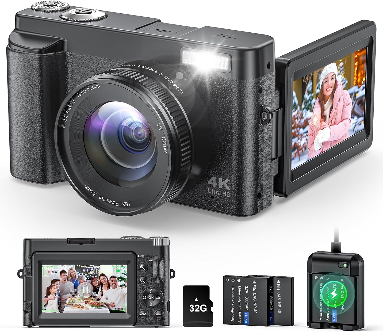 4K Digital Camera for Beginners & Teens, with Flip Screen, 32G Card(Black) | 48MP Camera for Photography, Vlogging Camera for YouTube, Travel