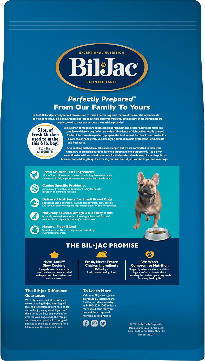 Bil-Jac Small Breed Adult Dry Dog Food with Chicken & Probiotics | 6 lb | Fresh Chicken Is #1 Ingredient with Easy-to-Chew Bites, Probiotics & Omega Fatty Acids for Energy, Digestion & Skin Health