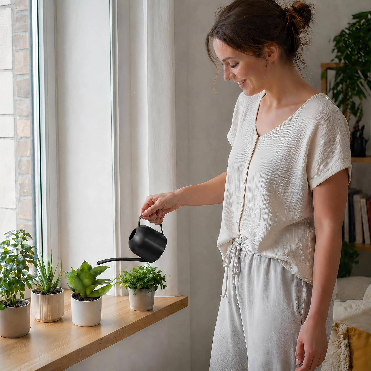 IMEEA Indoor Watering Can for House Plants 33oz/1L Brushed Stainless Steel Watering Can with Long Spout for Succulents, Bonsai