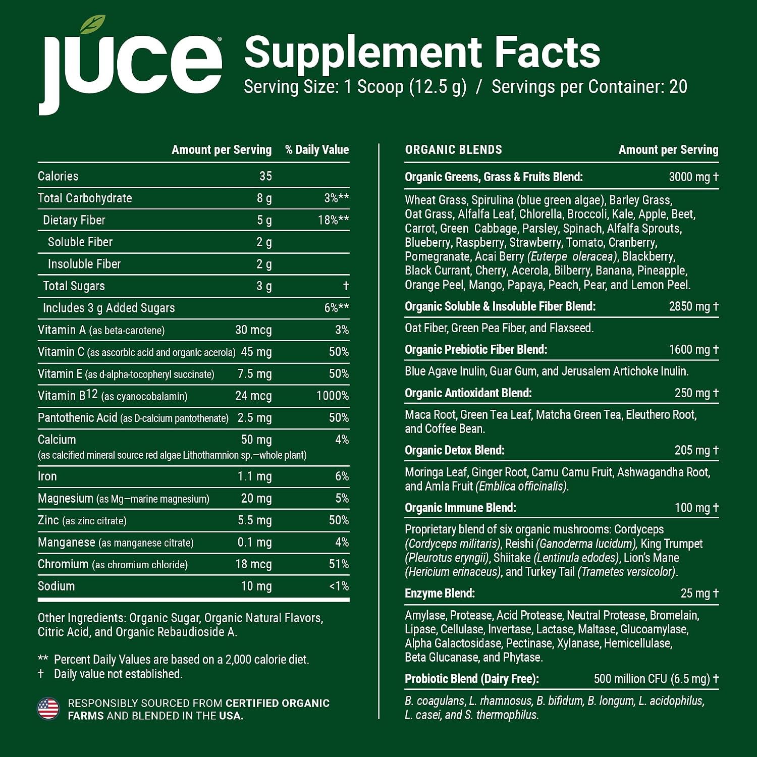Juce Greens Organic Superfood Powder | 64 Superfoods | 20 Servings | Harvest Apple flavor | 6 adaptogenic mushrooms