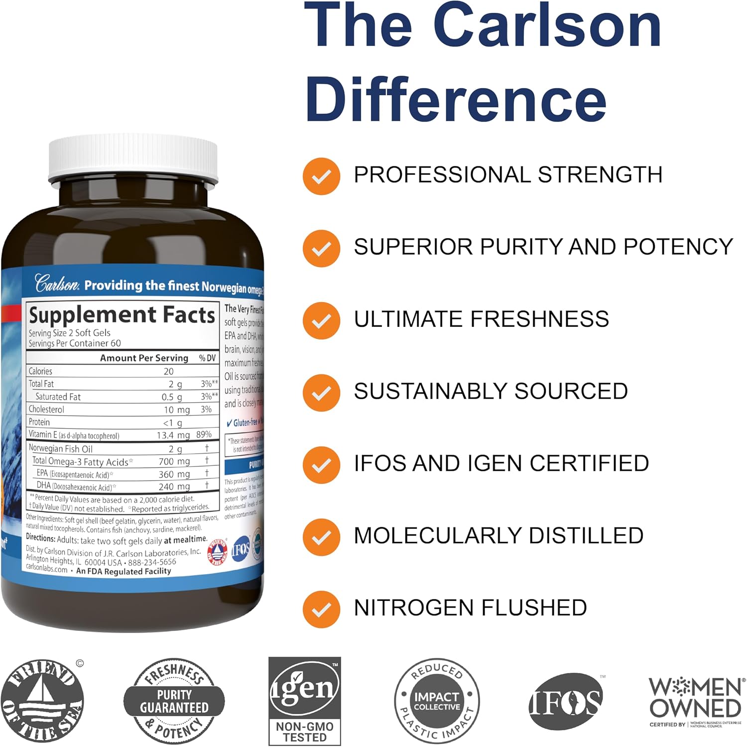 Carlson Maximum Omega 2000, 2000 mg, Wild-Caught, Lemon, 60 Softgels | Omega-3 Fatty Acids Including EPA and DHA; Norwegian Fish Oil Supplement; Sustainably Sourced Fish Oil Capsules