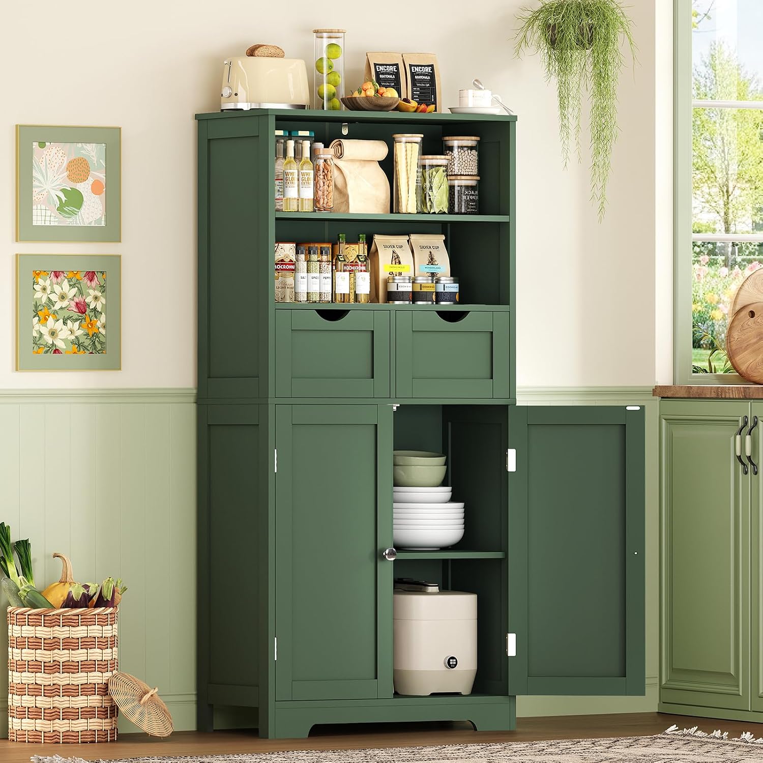 Iwell Storage Cabinet with 2 Drawers & Adjustable Shelves, Cupboard, Floor Cabinet for Living Room, Home Office, Rustic Brown