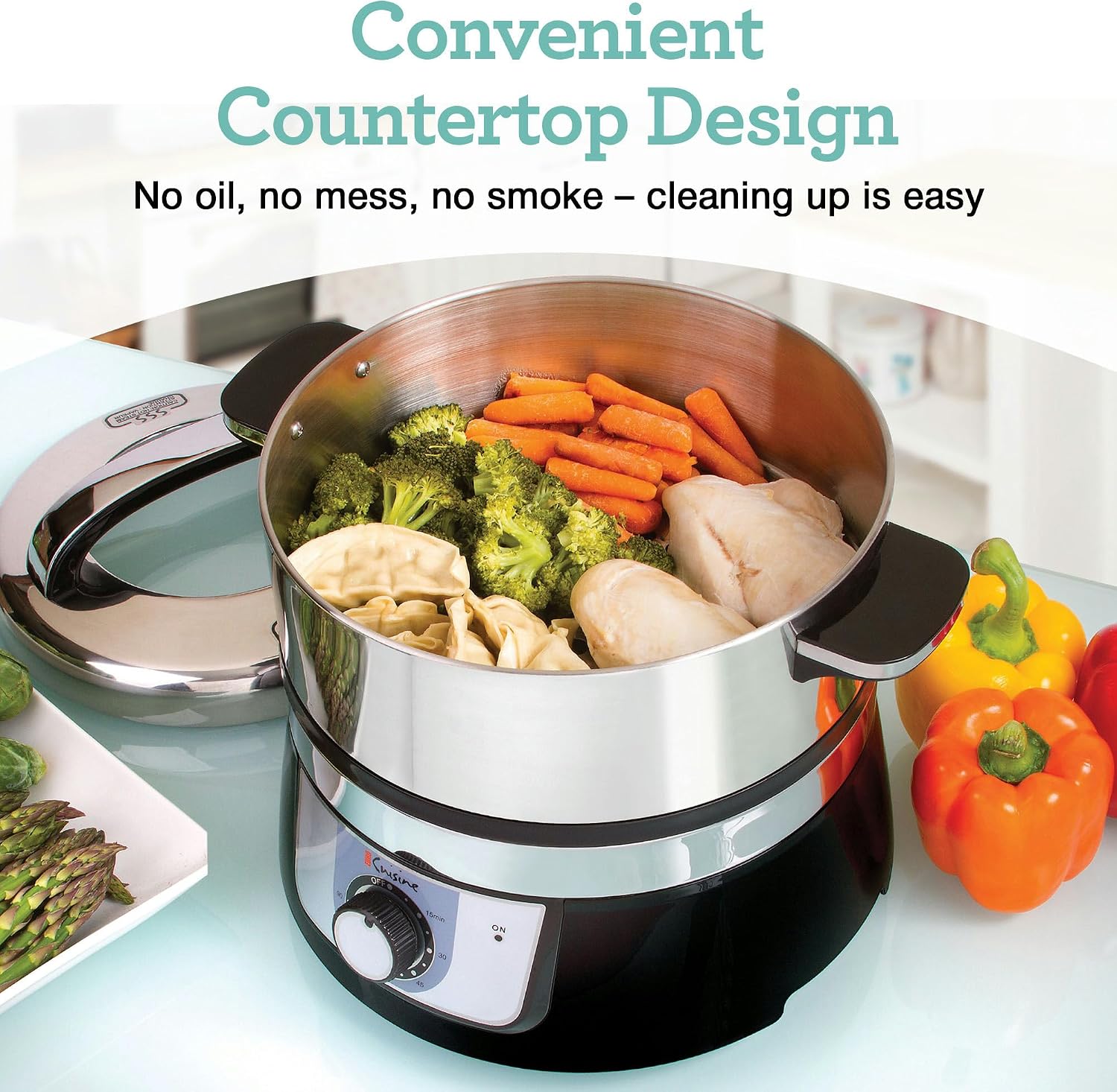 Euro Cuisine FS3200 Electric Food Steamer, Versatile Vegetable Steamer & Steam Cooker for Healthy Cooking, Ideal for Fish, Veggie, Meat, Easy Cleaning