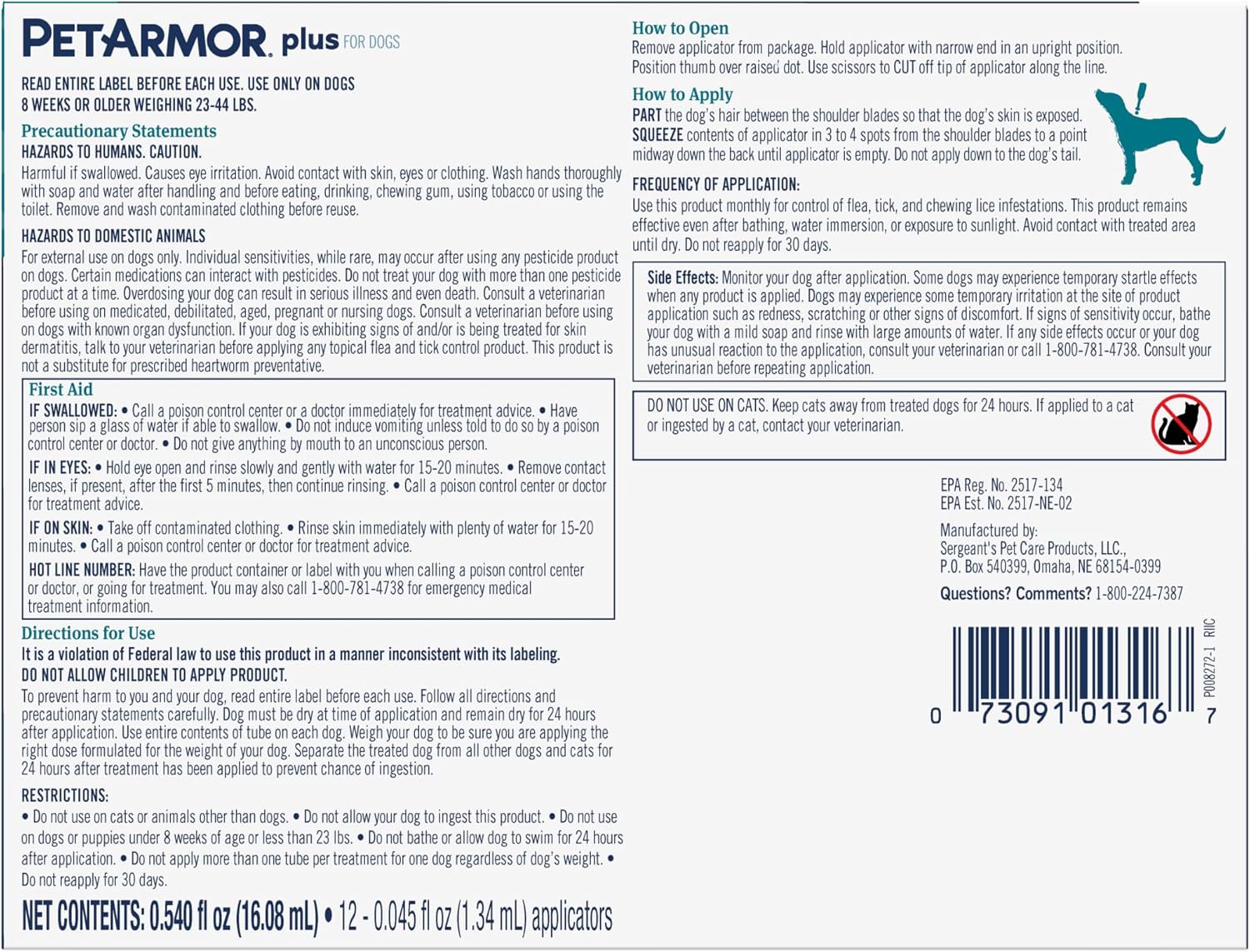 PetArmor Plus Flea and Tick Prevention for Dogs, Small Dog Flea and Tick Treatment, 3 Doses, Waterproof Topical, Fast Acting (5-22 lbs)
