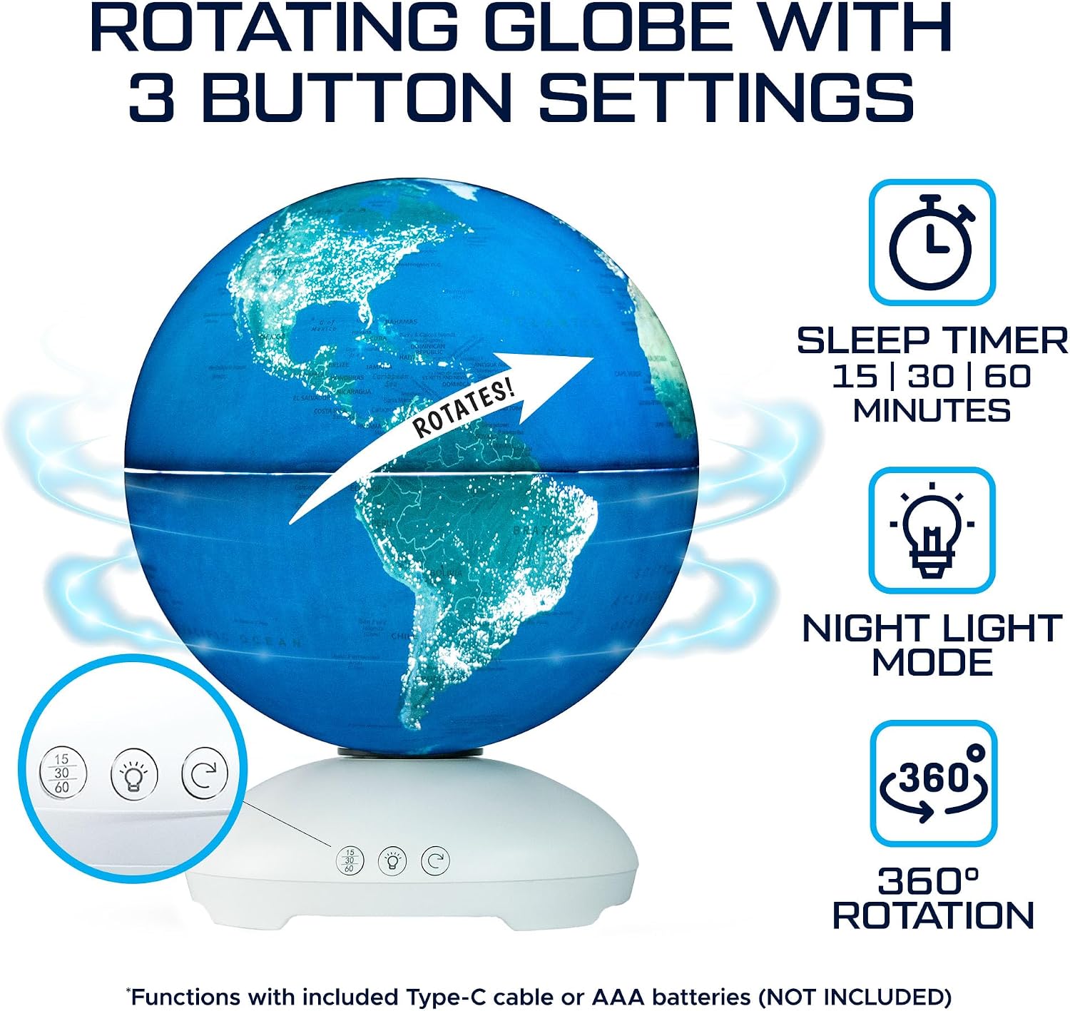 USA Toyz Illuminated World Globe with Stand - 3in1 STEM Globes for Adults and Kids, Constellation Map, Built-In LED Night Light Lamp, Easy to Read Texts, Non-Tip Base, 13.5 Inch Tall, 9 Inch Diameter