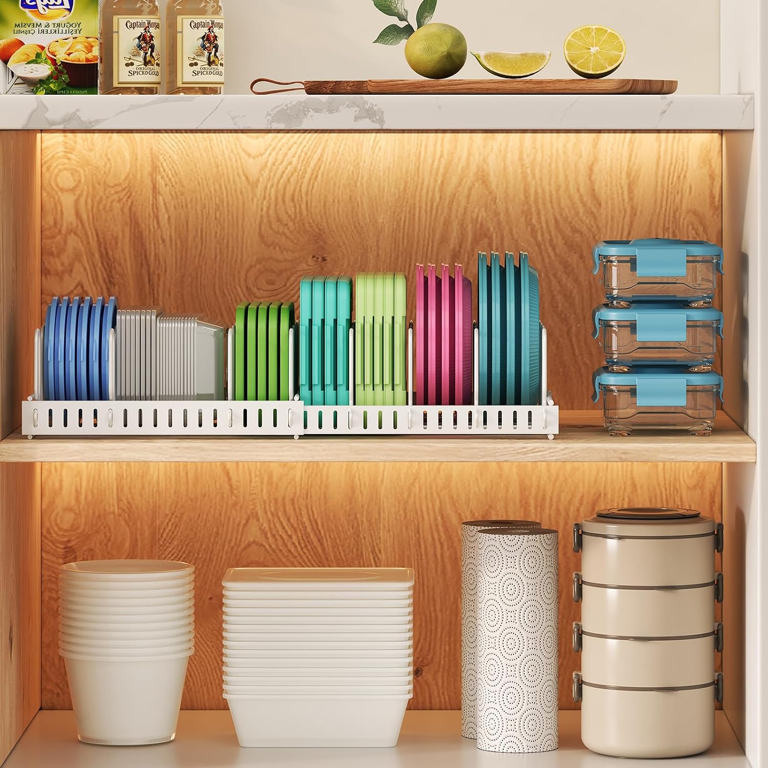 X-cosrack Expandable Food Container Lid Organizer, Large Capacity Adjustable 10 Dividers Detachable Lid Organizer Rack for Cabinets, Cupboards