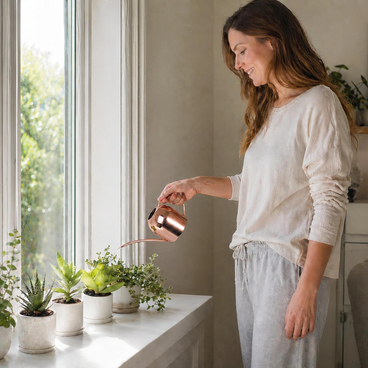 IMEEA Indoor Watering Can for House Plants 33oz/1L Brushed Stainless Steel Watering Can with Long Spout for Succulents, Bonsai