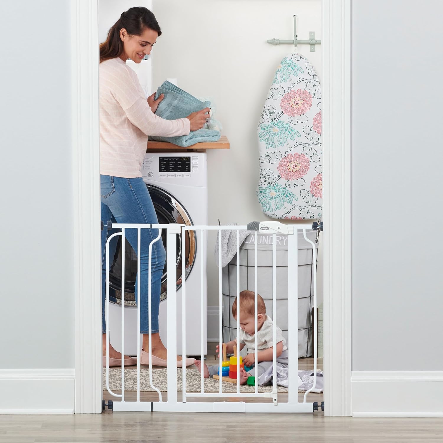 Regalo Safety 29"-49" Extra Wide Baby Gate, Bottom of Stairs & Doorways | Pressure Mounted with Door, For Babies, Toddlers & Pets, White, Tested & Trusted for 30 Years