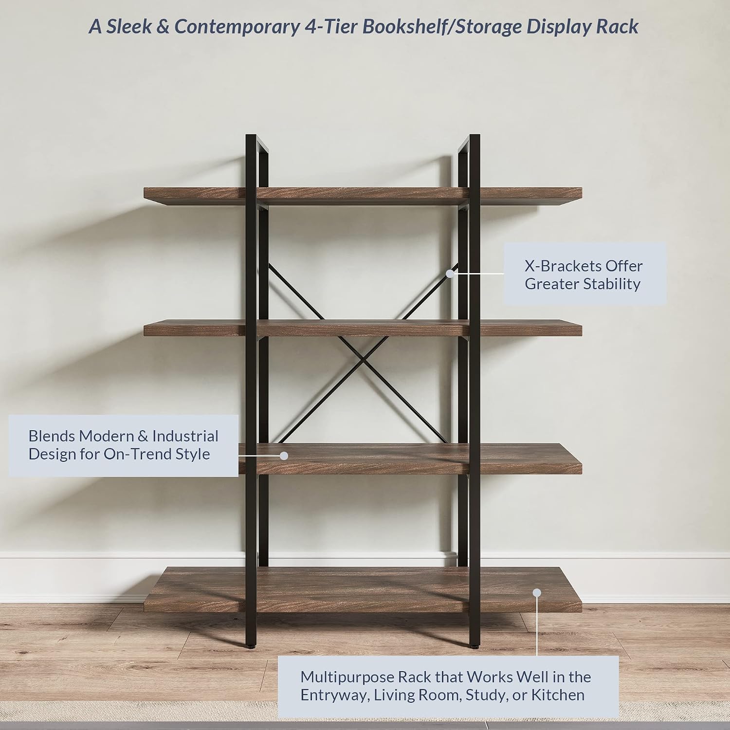 BELLEZE 4 Tier Modern Rustic Industrial Bookshelf, Open Wide Office Etagere Book Shelf