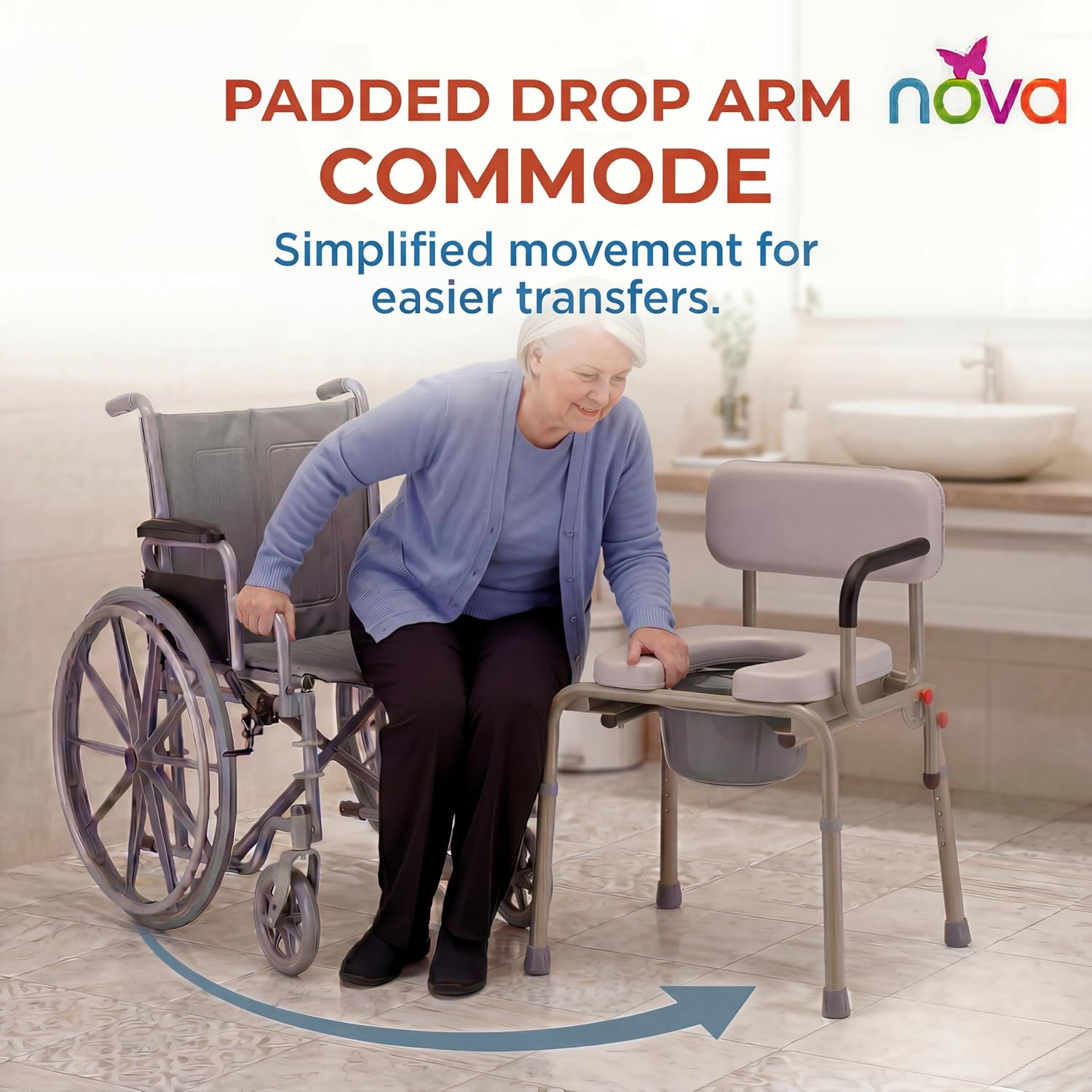 NOVA Medical Products Drop Arm Commode with Padded Seat and Back, Drop Down Arms for Easy Transfer