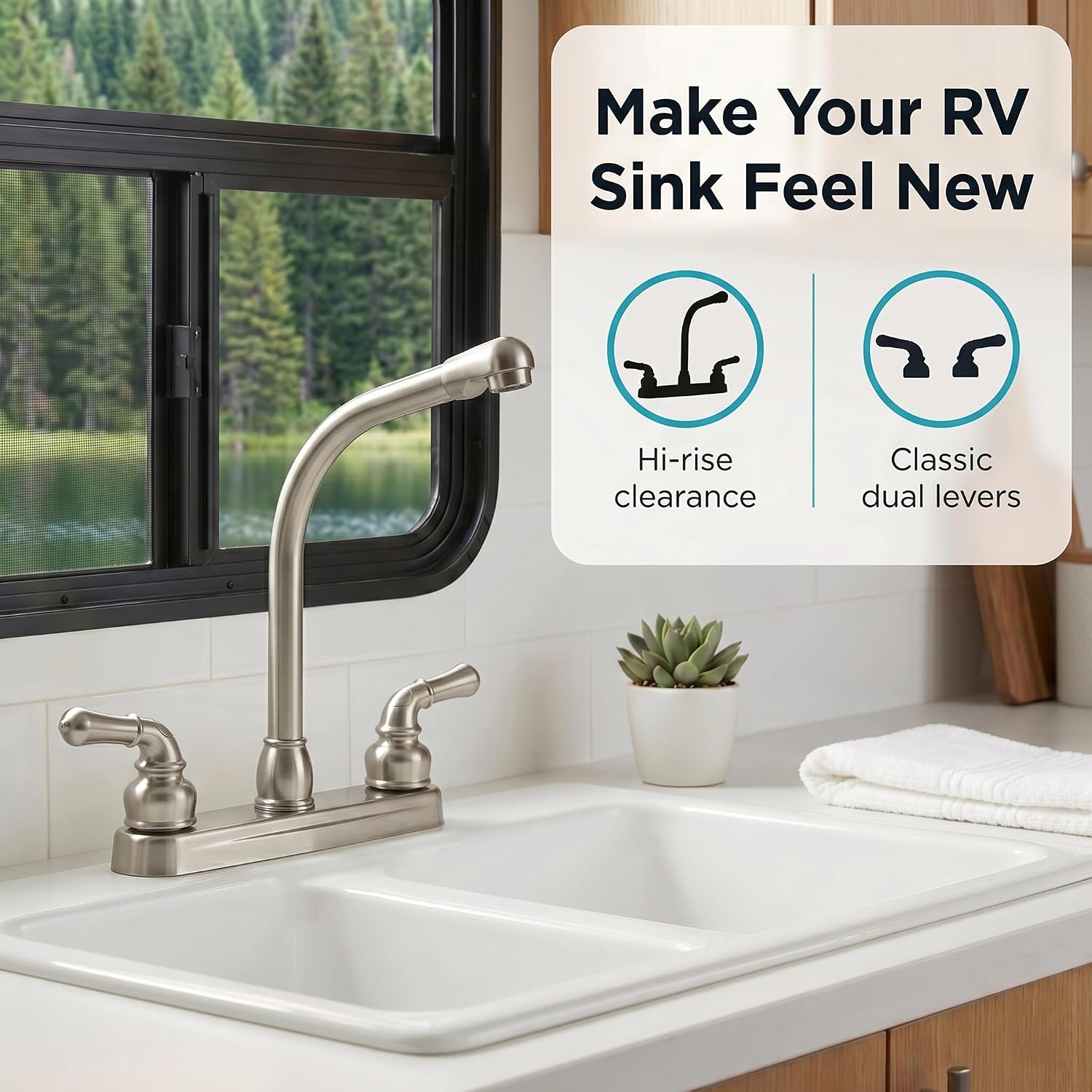 Dura Faucet DF-PK210C-SN RV Hi-Rise Kitchen Sink Faucet (Satin Nickel) | Tall spout and classical levers make washing big pots easy. Brushed Satin Nickel.