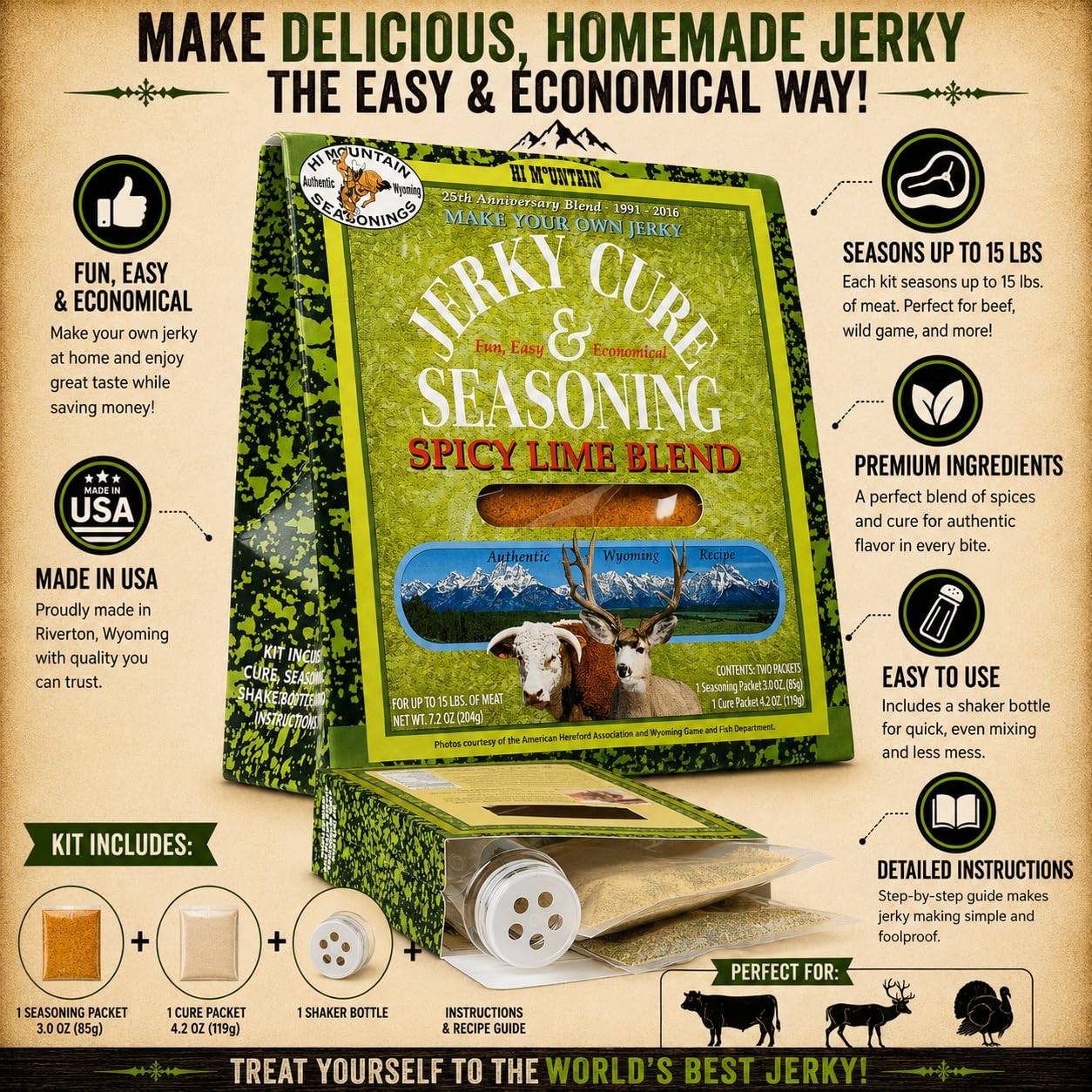Hi Mountain SPICY LIME BLEND Jerky Seasoning and Cure Kit | Beef & Venison | Zesty lime with spicy heat, perfect jerky seasoning for deer, elk