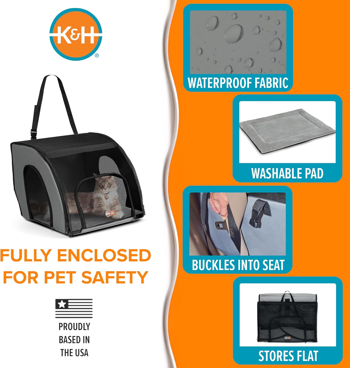 K&H Dog Car Seat, Travel Safety Carrier for Pets, Medium, Gray/Black | Enclosed Car Seat for Dogs, Soft-Sided Covered Pet Carrier, Washable Pad, Multiple Entrances, Mesh Windows, 24x19x17in