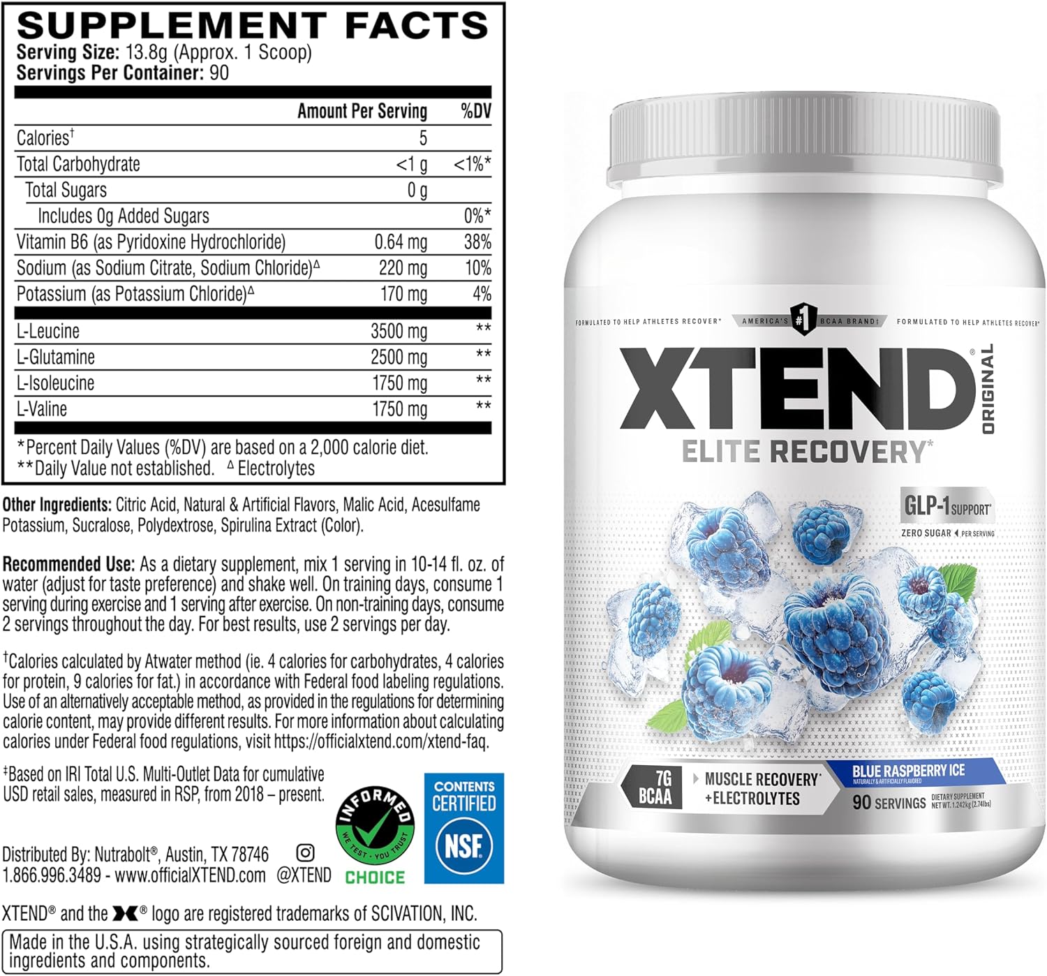 Xtend Original BCAA Powder, 7g BCAAs and 2.5g L-Glutamine for Muscle Recovery Hydration and Lean Muscle, Sugar Free Intra and Post Workout Drink with Electrolytes, Watermelon Explosion, 30 Servings