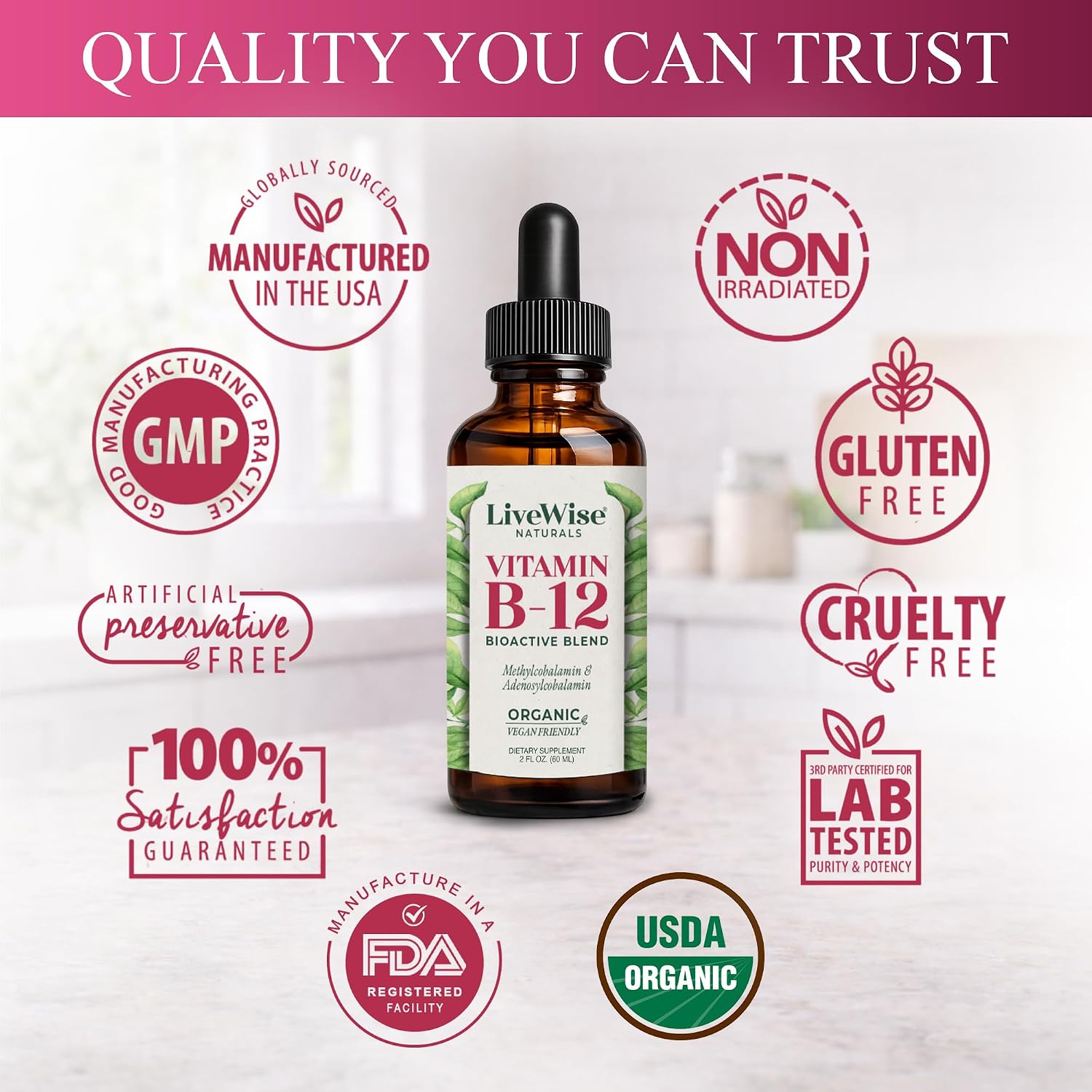 Organic Vitamin B12 1000 mcg Sublingual Liquid Drops, Unflavored, 2 oz | Methylcobalamin & Adenosylcobalamin, Bioactive Blend for Energy, Clarity & Focus, Vegan, Non-GMO, For Adults, 1 Year+ Supply