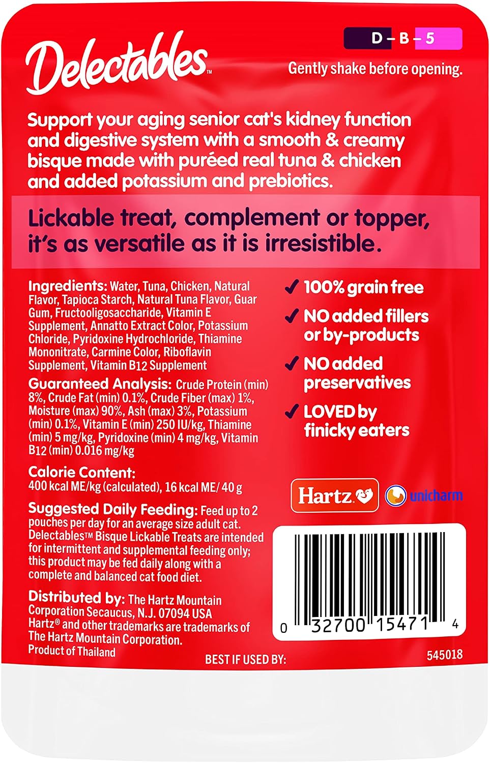 Delectables Lickable Treat Bisque Senior 10+ Wet Cat Treat with Real Tuna & Chicken, Food Topper, Hydrating, Grain-Free, No Fillers, By-Products, Added Preservatives, 1.4oz Pouch, 12ct