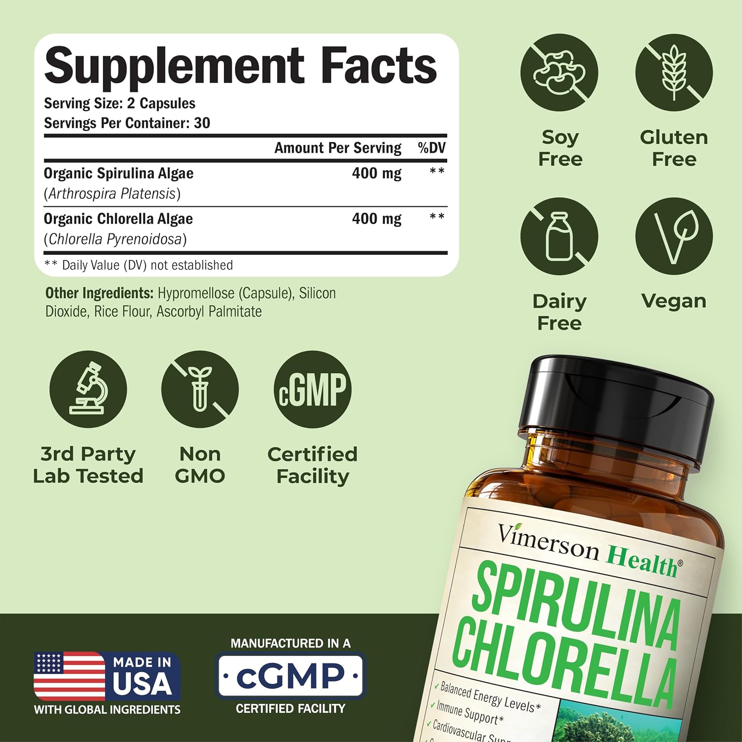 Organic Spirulina and Chlorella Capsules - Spirulina Capsules with Chlorella Powder for Immune