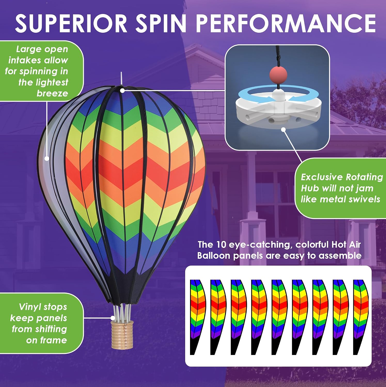 Hot Air Balloon Hanging Garden Spinner 26" - Vibrant Double Rainbow Chevron Design, Weather-Resistant Outdoor Decor, Durable & Lightweight for Patios