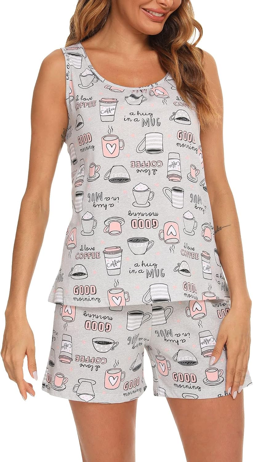ENJOYNIGHT Womens Pajama Set Cotton Summer Sleep Tank and Shorts Pjs