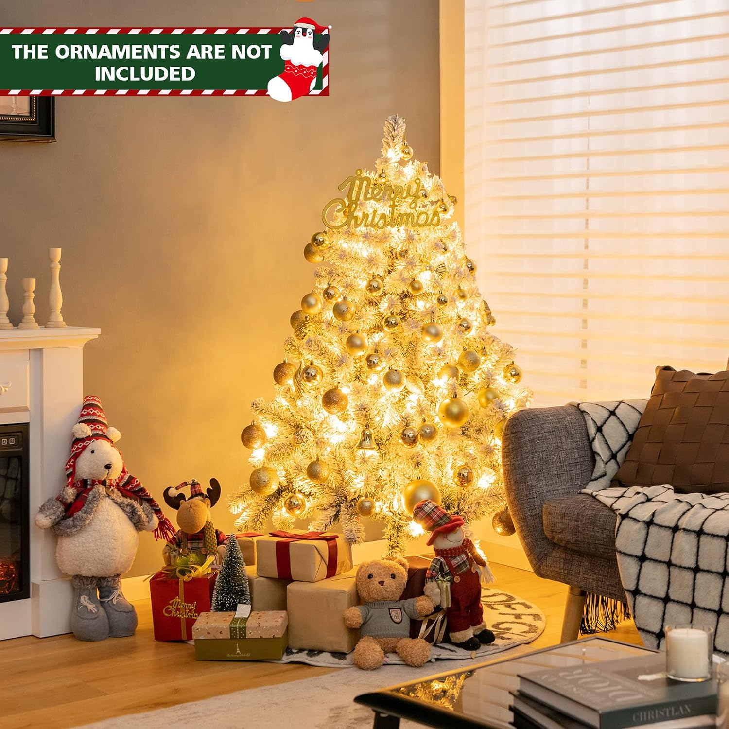 Goplus 7.5ft Pre-Lit Artificial Christmas Tree, Premium PVC Snow Flocked Hinged Pine Tree with Metal Stand and LED Lights