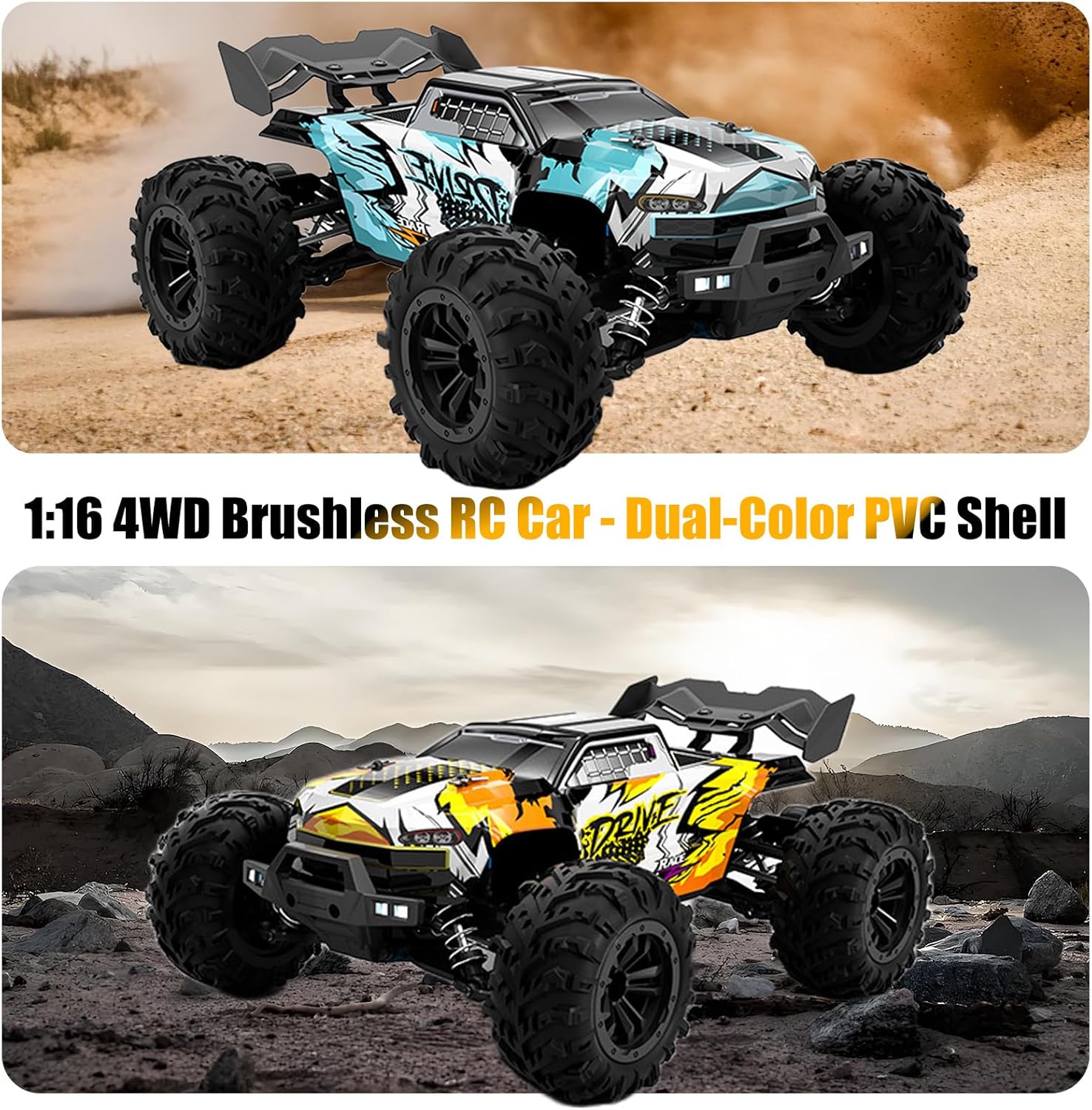 1:16 Scale Brushless RC Car - 50+ MPH High Speed All Terrain Off-Road Monster Truck for Adults & Teens 14+ | 2.4GHz, 2X LiPo Batteries