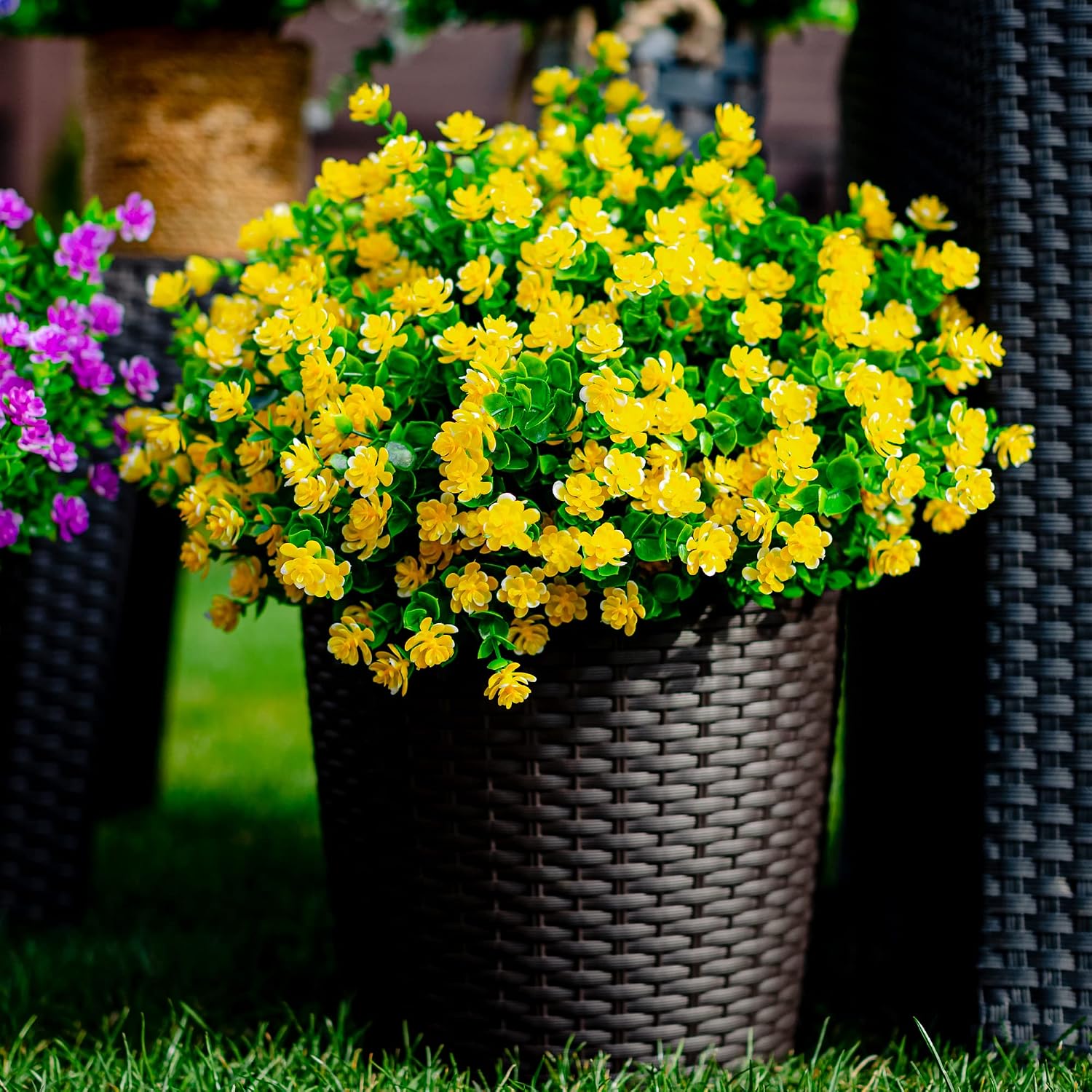 AXYLEX Artificial Flowers for Outdoors, 12 Bundles Fake Plants (Yellow) | UV resistant faux plastic flowers, no fade artificial greenery – garden, patio, porch & home