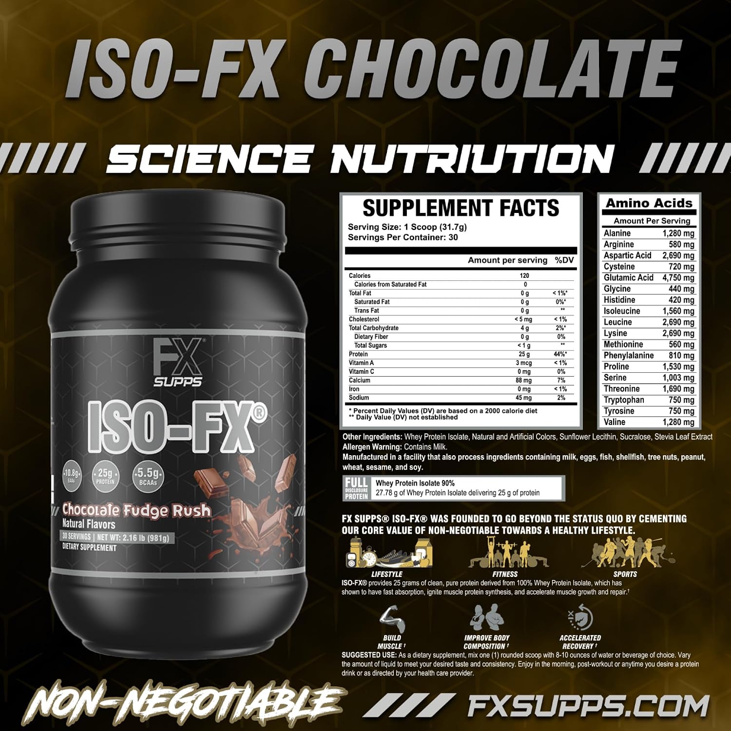 Iso-Fx Whey Isolate Protein Powder Chocolate Flavored Drink | Low Carb with BCAAs | Post Workout Recovery Supplement Mix for Men and Women | Boosts