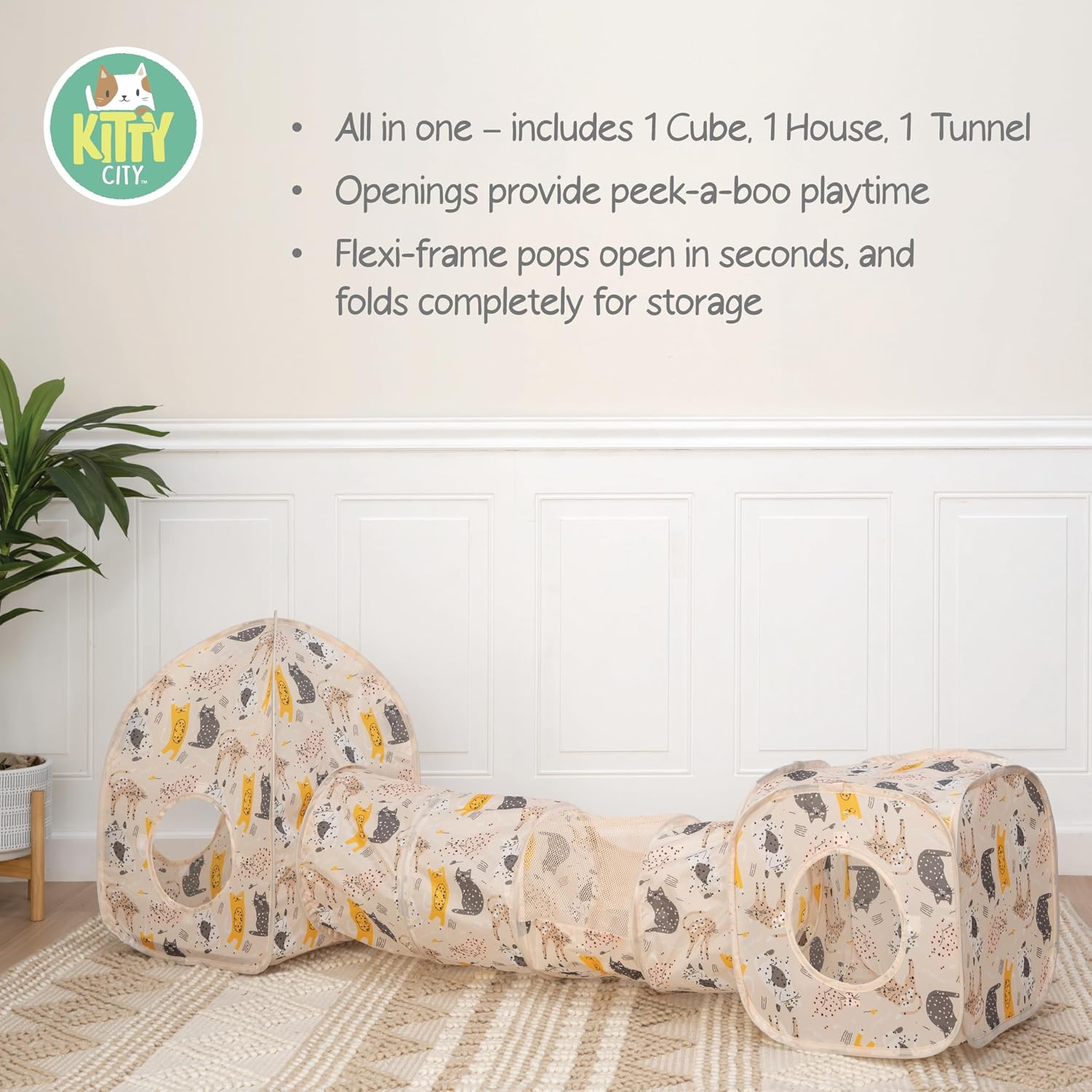 Kitty City Safari Jungle Pop-Up Cat Cube, Collapsible Indoor Cat Hideout & Play Cube with Peekaboo Openings, Easy Storage, 15” x 15” x 15”