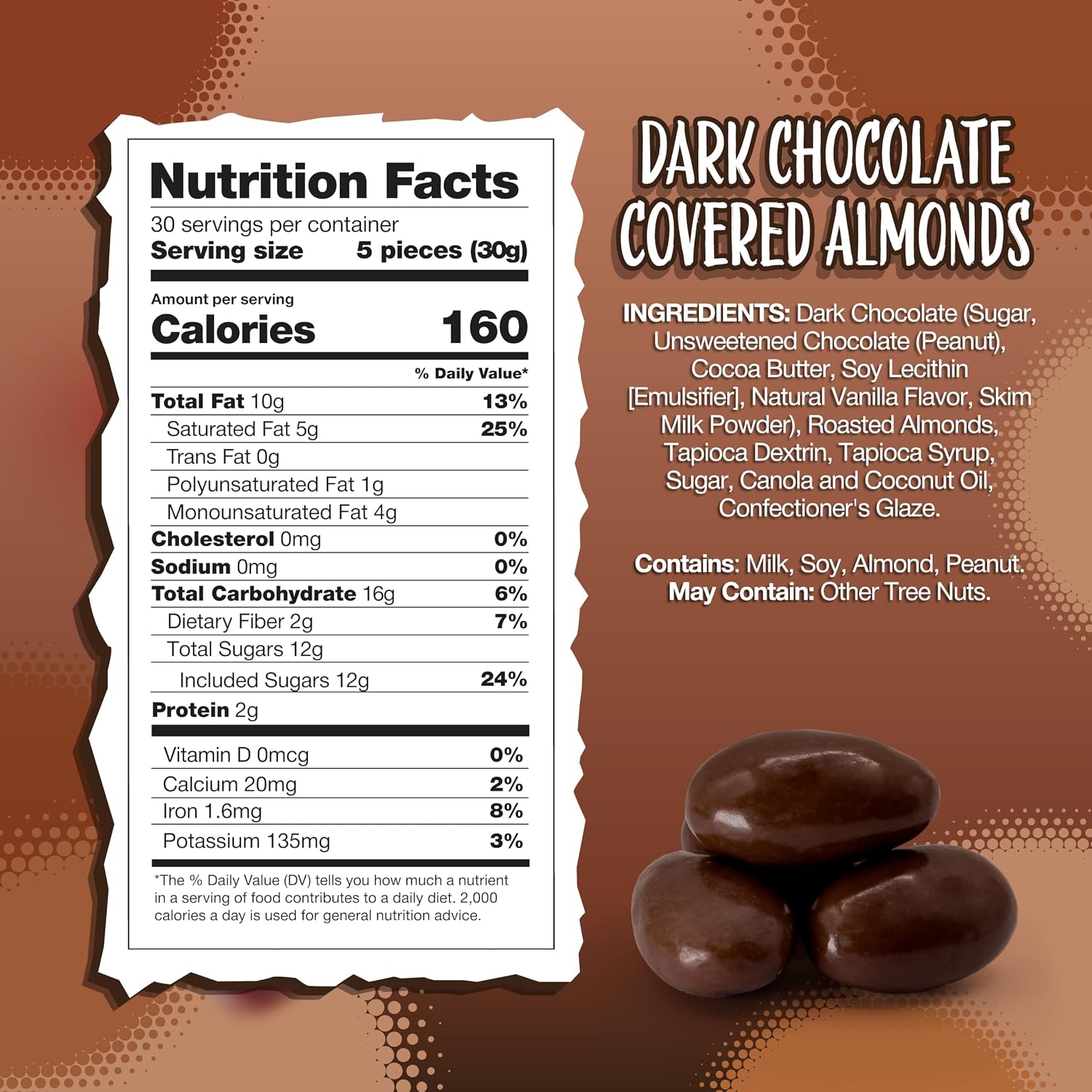 Dark Chocolate Covered Almonds, Classic Chocolate Covered Nuts, 2 Lb Bag