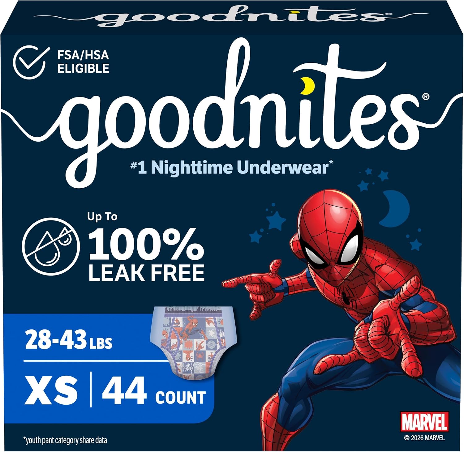 Goodnites Boys' Nighttime Bedwetting Underwear, Size S/M (43-68 lbs), 44 Ct (2 Packs of 22), Packaging May Vary