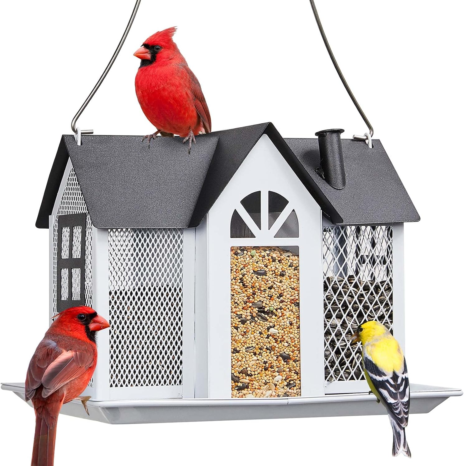 Kingsyard Bird Feeder House for Outside, Metal Mesh Wild Bird Feeder with Triple Feeders for Finch Cardinal Chickadee, Large Capacity