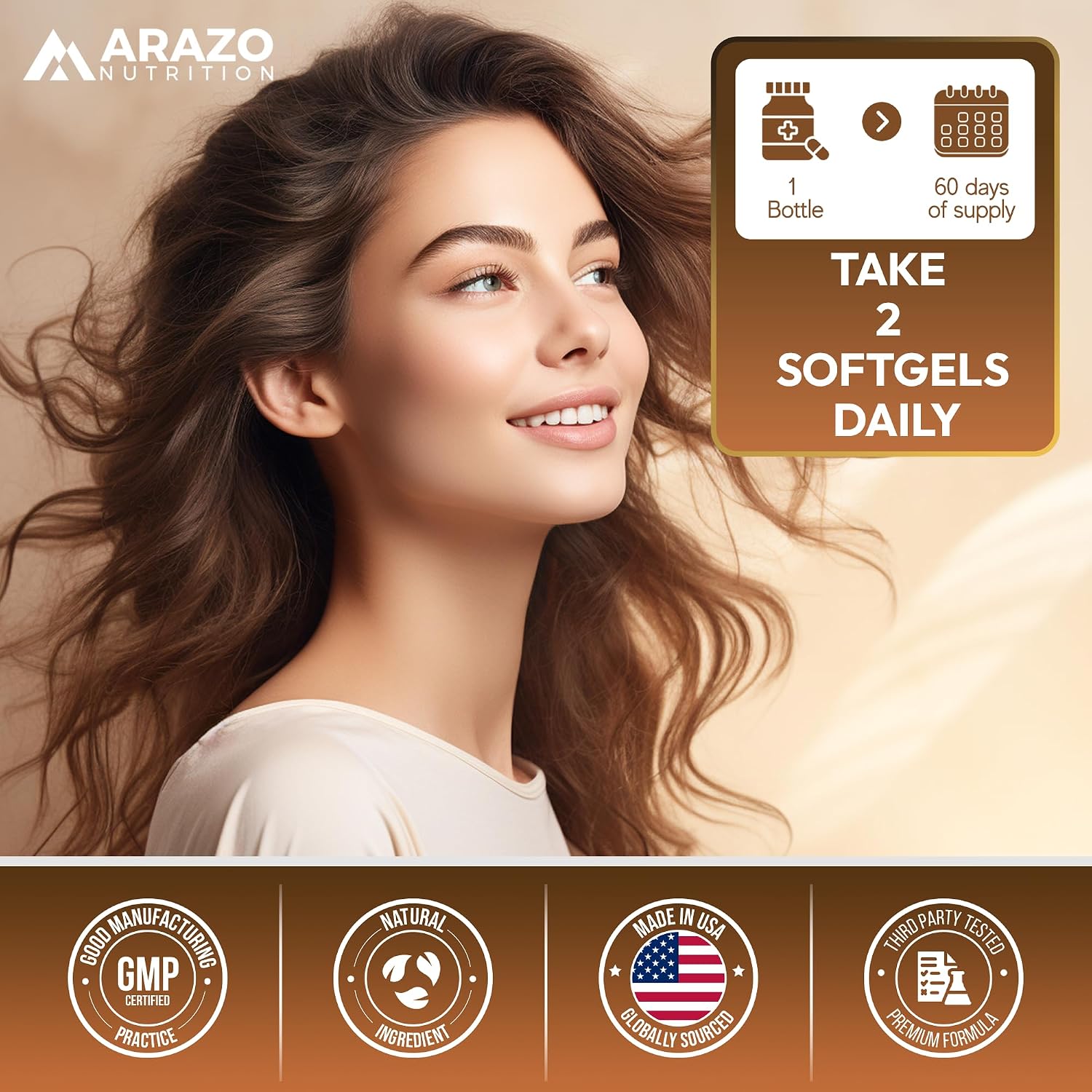 Arazo Nutrition Organic Coconut Oil 2000 MG Per Serving - 100% Extra Virgin Unrefined Cold Pressed for Weight Support, Skin, Hair, Nails - 120 Softgel Capsules