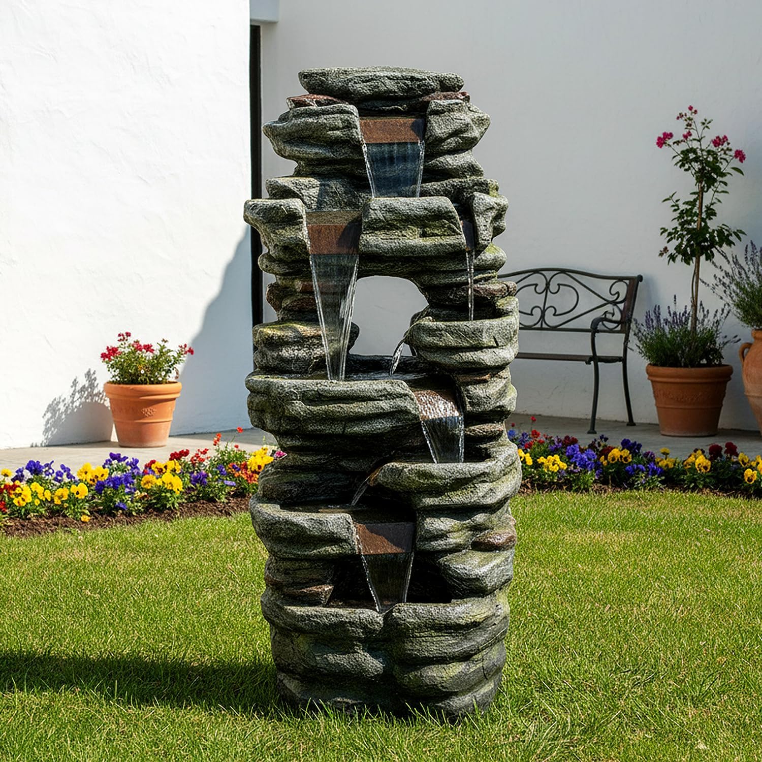 SunJet 40.5” High Rocks Outdoor Water Fountain - 6-Tiers Cascading Waterfall with LED Lights, Soothing Tranquility for Home Garden, Yard Decor