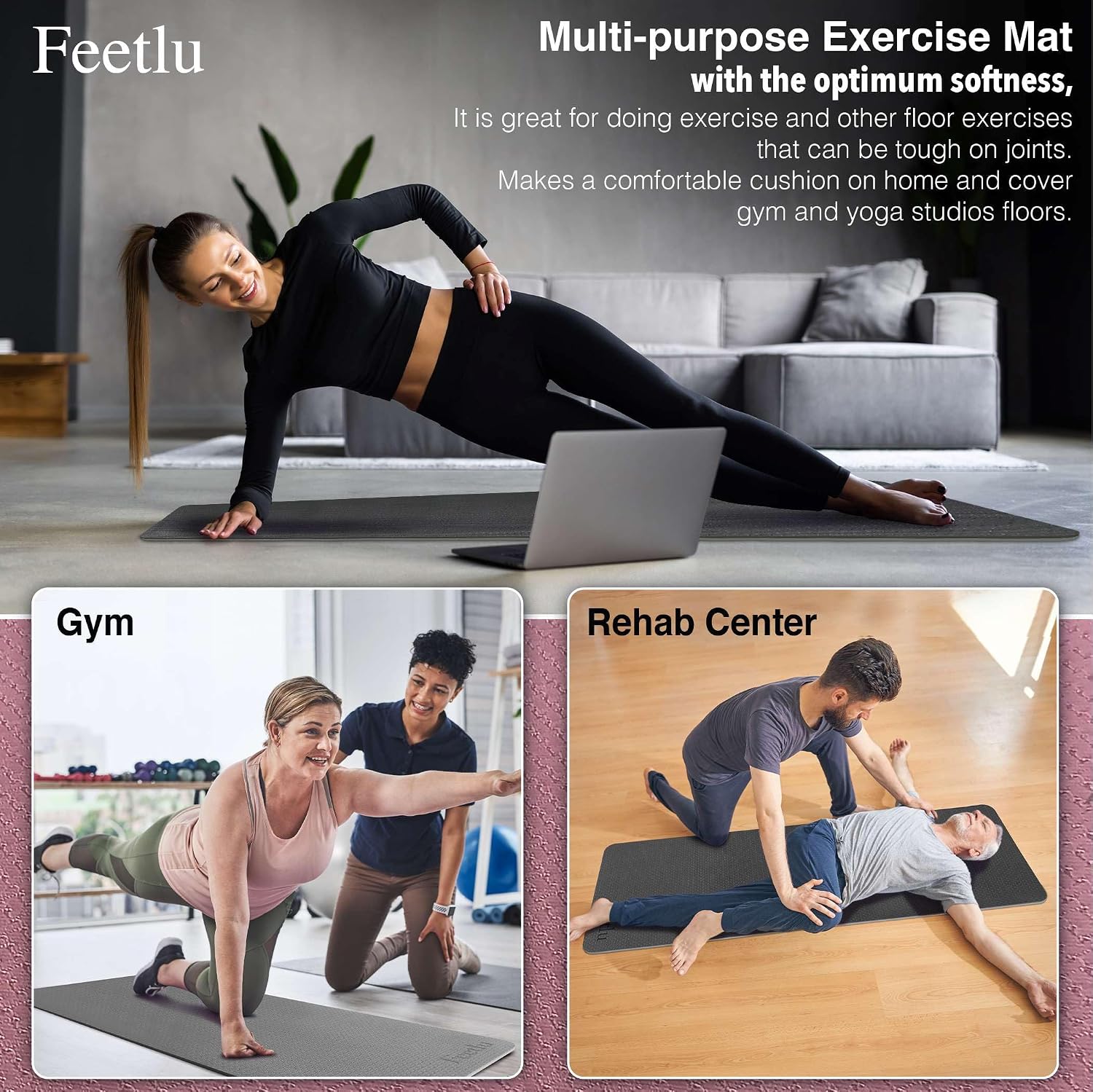 Extra Thick Yoga Mat with Carry Strap, 10mm Non-Slip Exercise Mat, 72 x 24 Inch Cushioned Workout Mat for Yoga, Pilates, Stretching & Floor Exercises