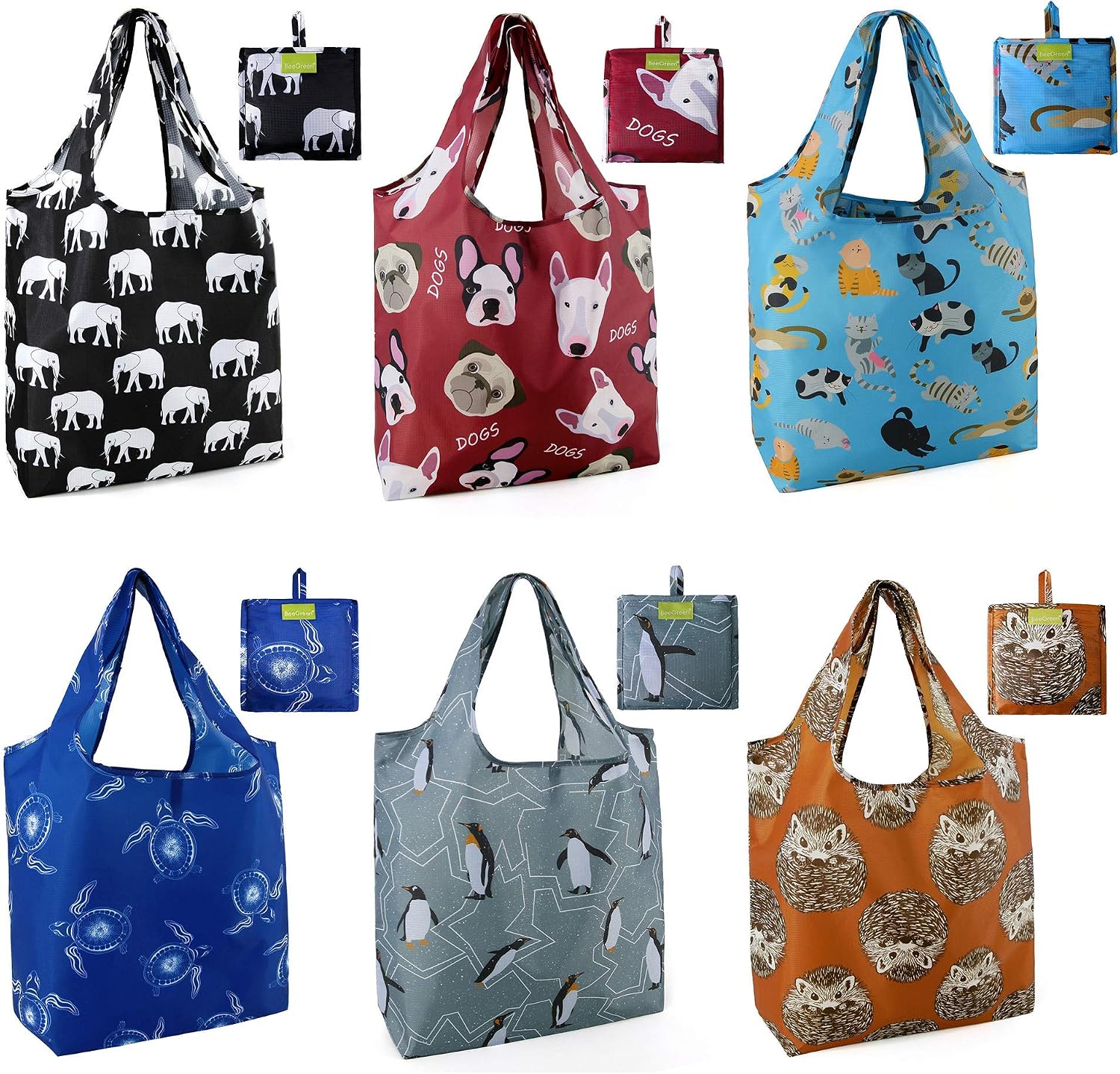 BeeGreen Grocery Bags | Reusable Gift Bags, Large Tote for Women & Foldable Beach Bag - 6 Pack Reusable Bag With Handles | Collapsible Cute Cloth Storage for Market, Holiday & Shopping | Washable​