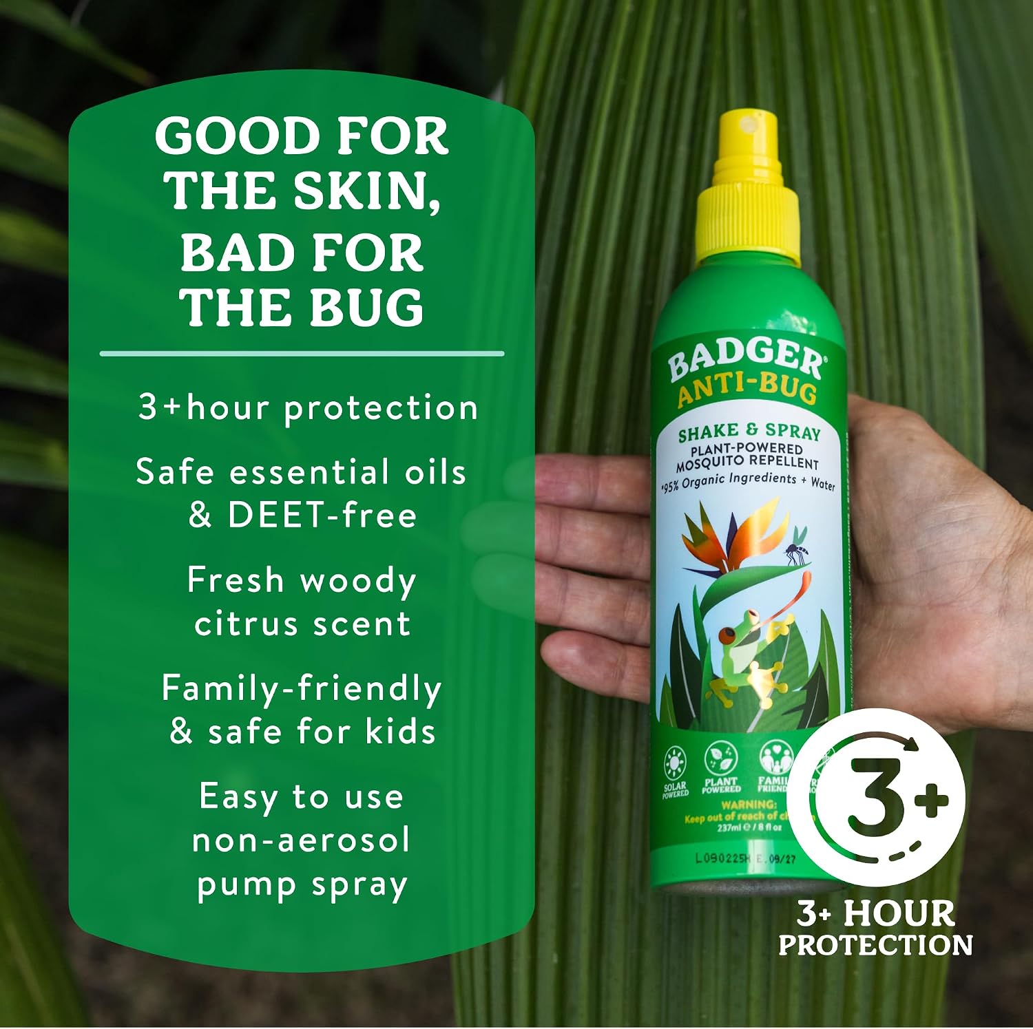 Badger Bug Spray, 3-Hour DEET-Free Mosquito Repellent, Family Friendly, Citronella & Organic Essential Oils, Natural & Vegan Insect Repellent Spray, 4 fl oz Aluminum Bottle