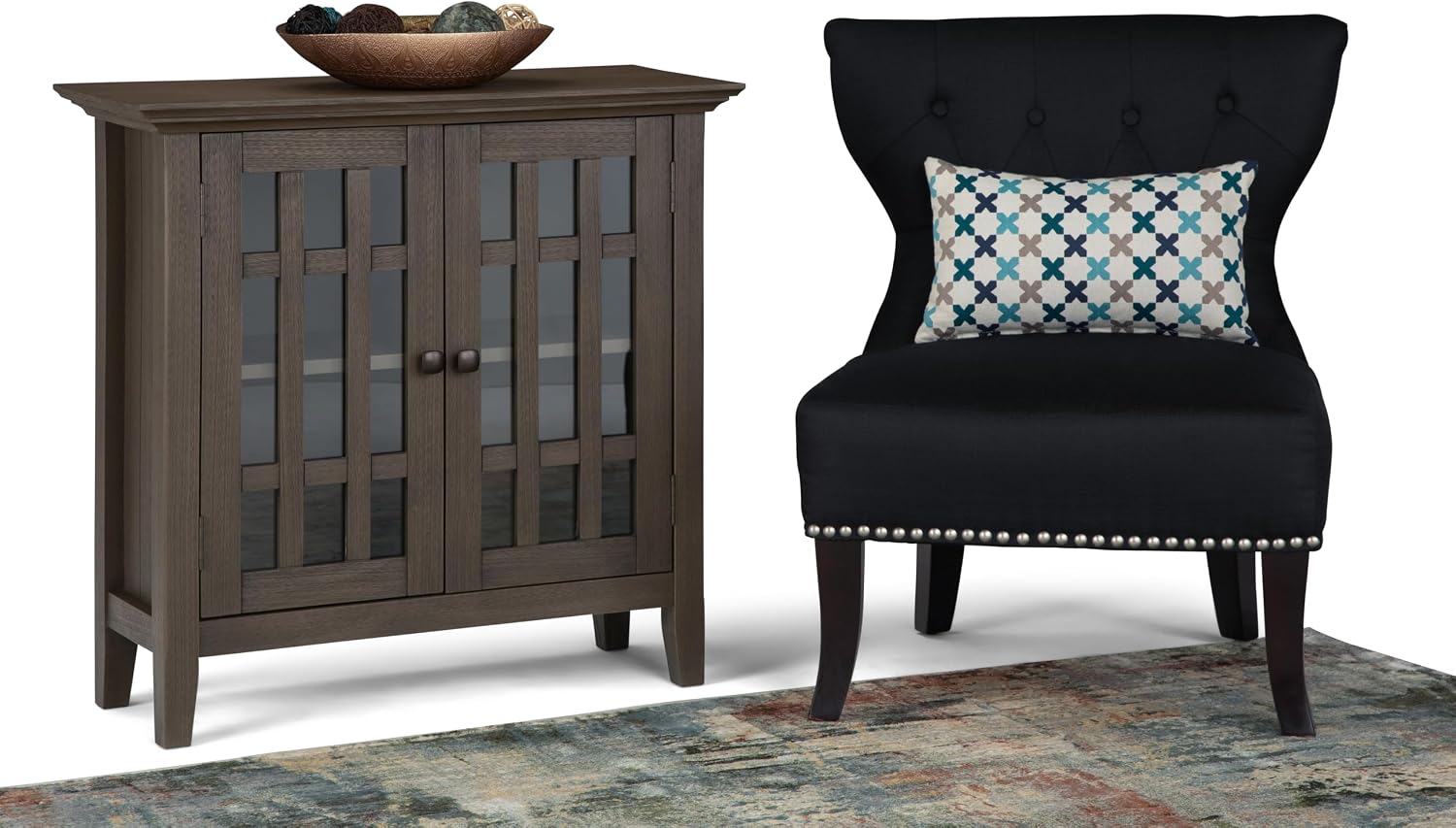 SIMPLIHOME Bedford 62" Wide Solid Wood Sideboard in Brunette Brown | Transitional low media console with glass doors and storage shelves for the living room, entryway or dining room.