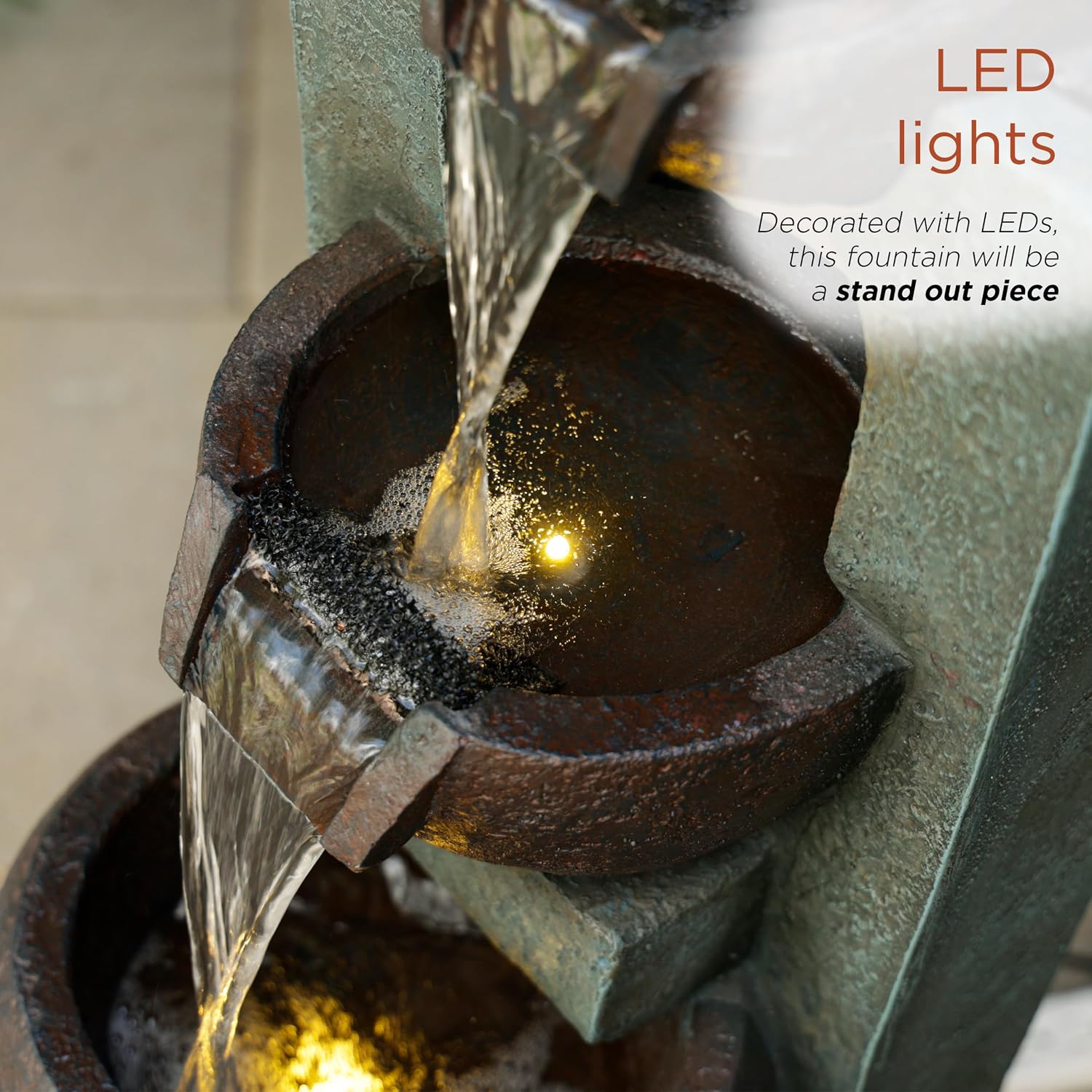 Alpine Corporation WIN326 Indoor Tabletop Light-Up Tiered Rainforest Tree Trunk Water Fountain with LED Lights, 11", Brown