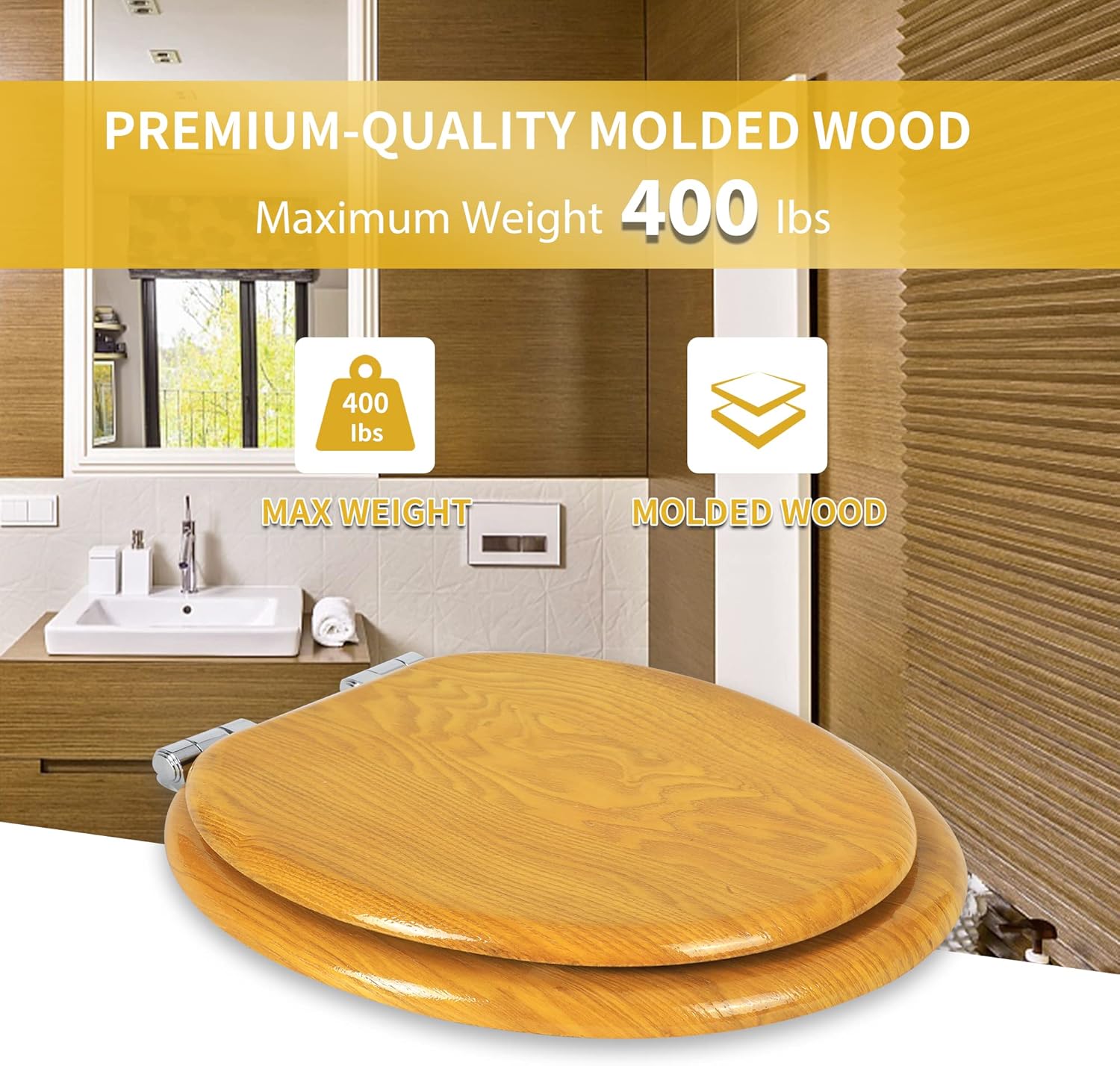 Angel Shield Toilet Seat with Zinc Alloy Hinges Quiet-Close Quick-Release Wood Molded UV Lid Easy Clean(Elongated,Black)