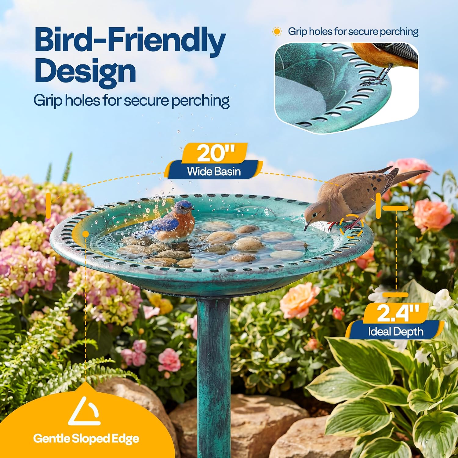 VIVOHOME Bird Bath for Outside, Polyresin Pedestal Birdbath, Green | Weather-Resistant, 20-Inch Bowl, 28-Inch Height, for Outdoor/Garden, Bird-Friendly, Easy to Clean