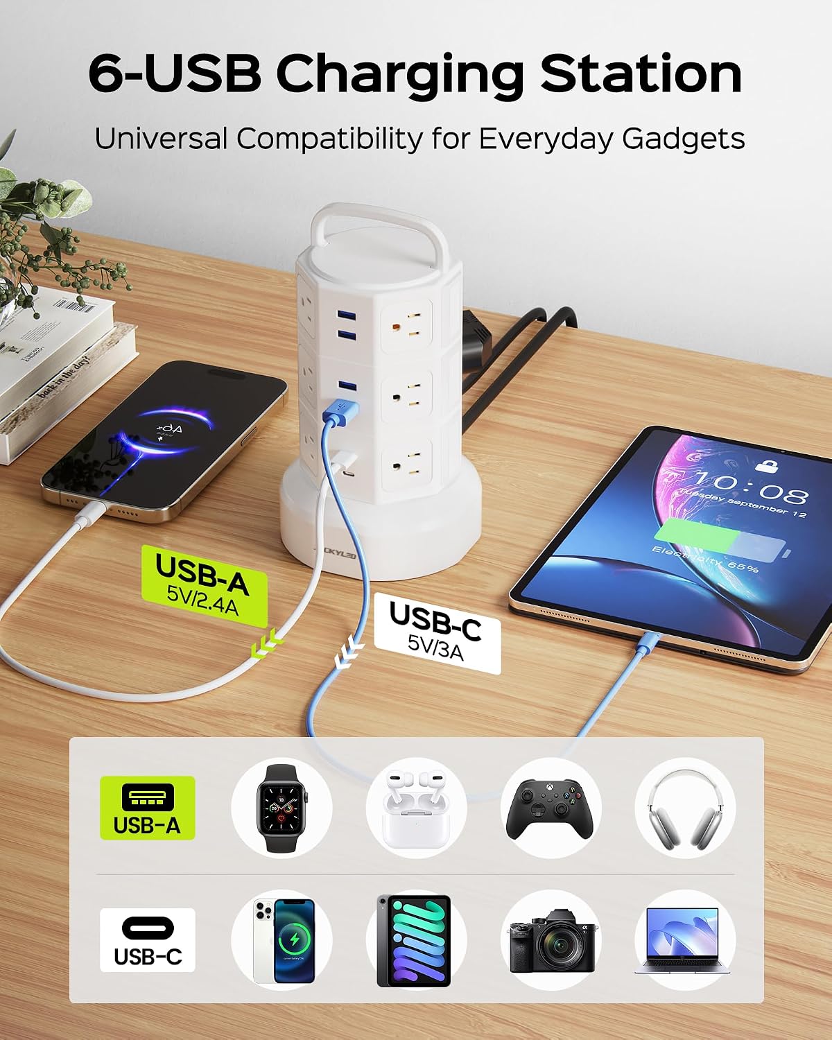 JACKYLED Power Strip Tower Surge Protector, 12 AC 6 USB (2 USB C), 1050J