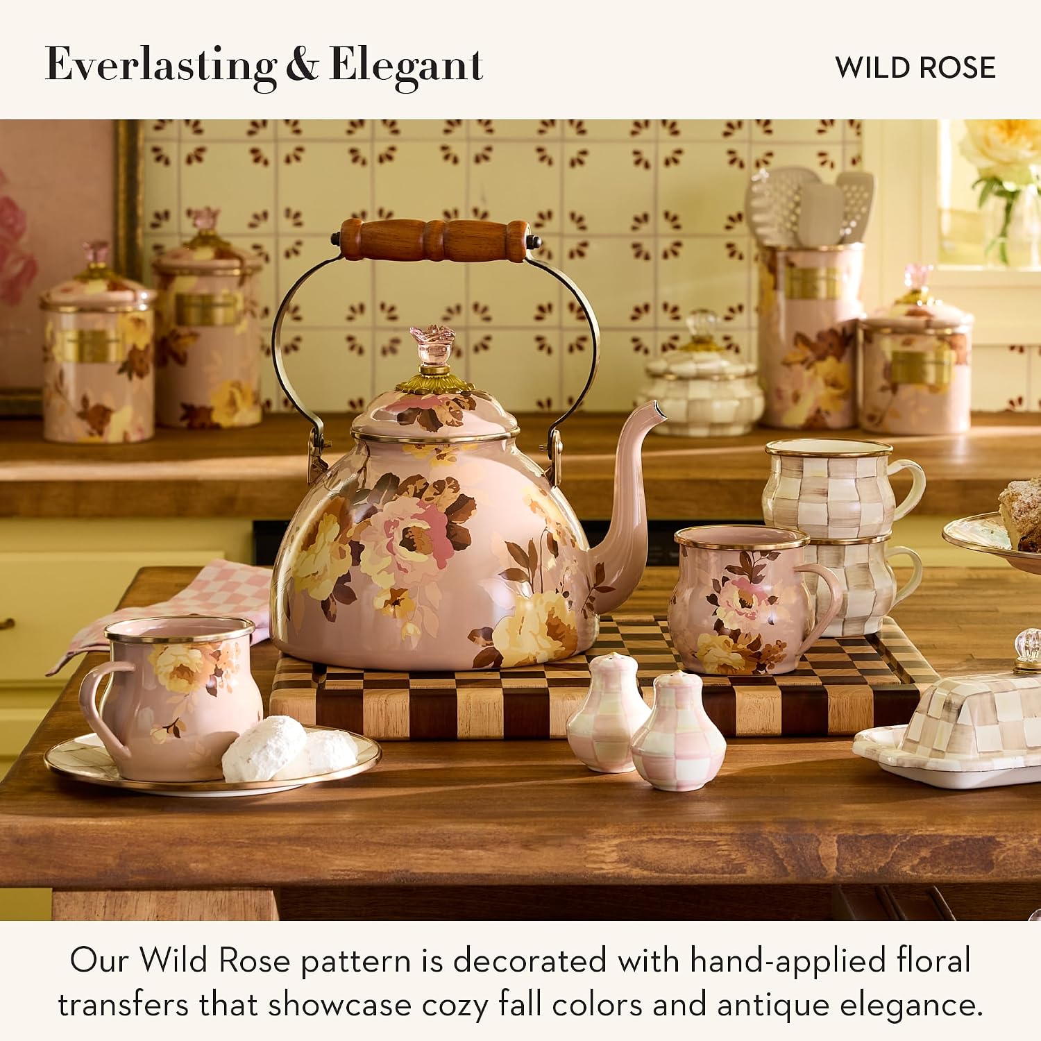 MACKENZIE-CHILDS Enamel Canister, Small, Wild Rose Brown | Hand-applied design, made from enameled steel, versatile kitchen storage container for flour and sugar, 38-ounce capacity