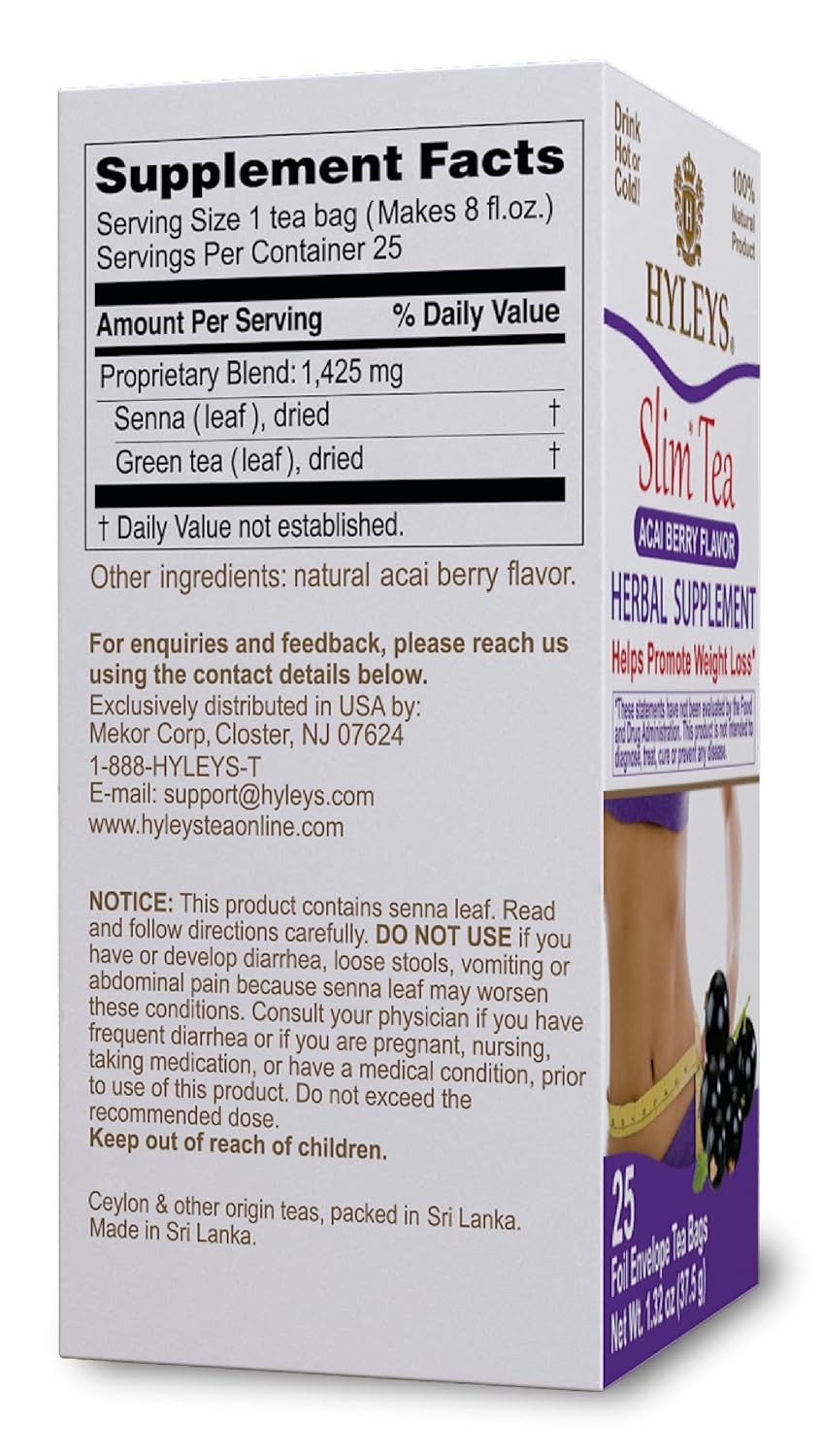HYLEYS Slim Tea Goji Berry, Weight Loss Detox, Slimming Diet Tea, 25 Bags | Green Tea, Senna Detox & Cleanse, 3 Natural Ingredients, No Added Sugar, 1-Step Bedtime Routine, Supports Digestion