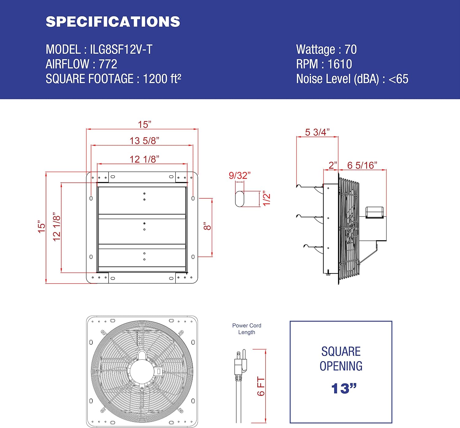 iLIVING 12" Wall Mounted Shutter Exhaust Fan, Automatic Shutter, with Thermostat and Variable Speed controller, 0.6A, 960 CFM
